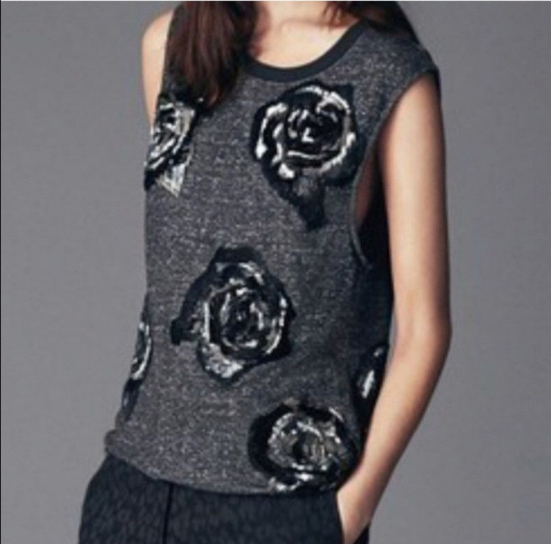 image of Allsaints x Handcrafted Sleeveless Embellished Beaded Rose Sweater Scratch Vest Tank in Charcoal Gr