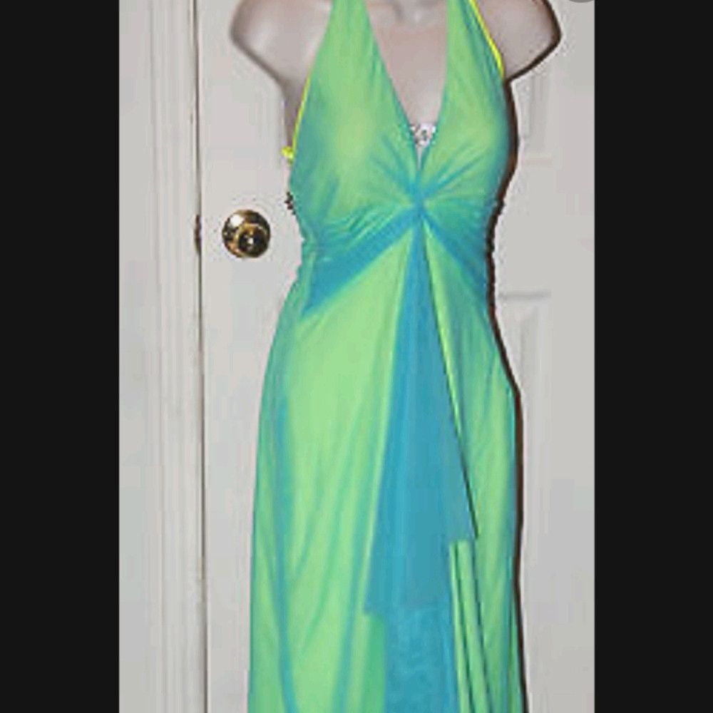 image of Cache Royal Mesh Social Evening Gown in Green/Blue, Women's (Size Medium)
