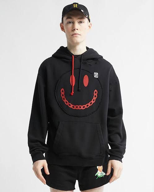 image of Raf Simons Smile Face Smiley Logo Hoodie in Black, Men's (Size Large)