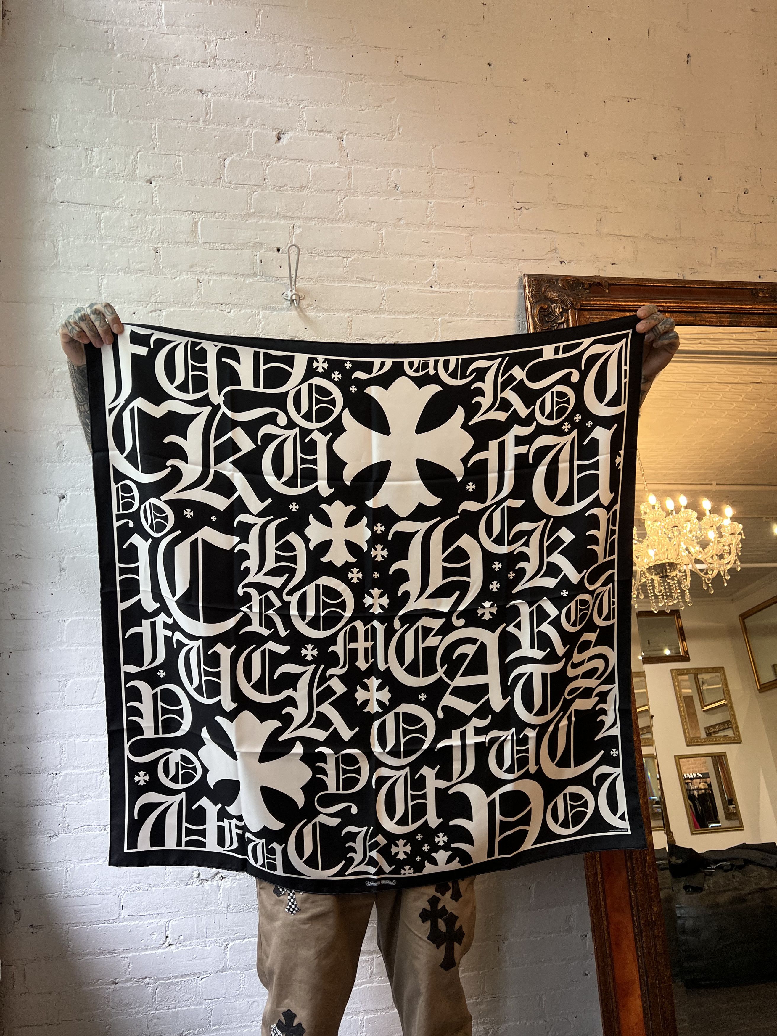 image of Chrome Hearts Silk Scarf in Black/White, Men's