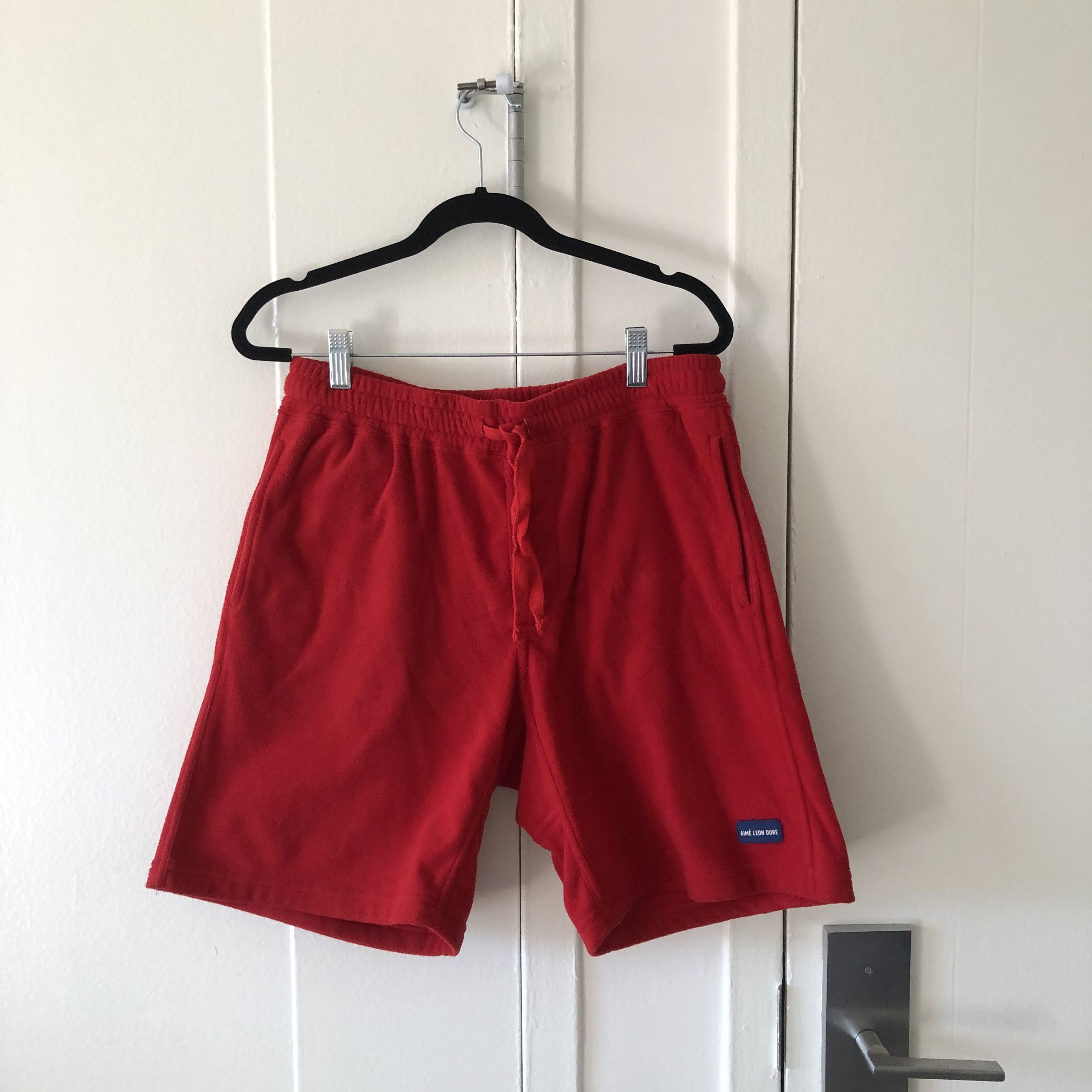 image of Aime Leon Dore Fleece Logo Shorts in Red, Men's (Size 32)