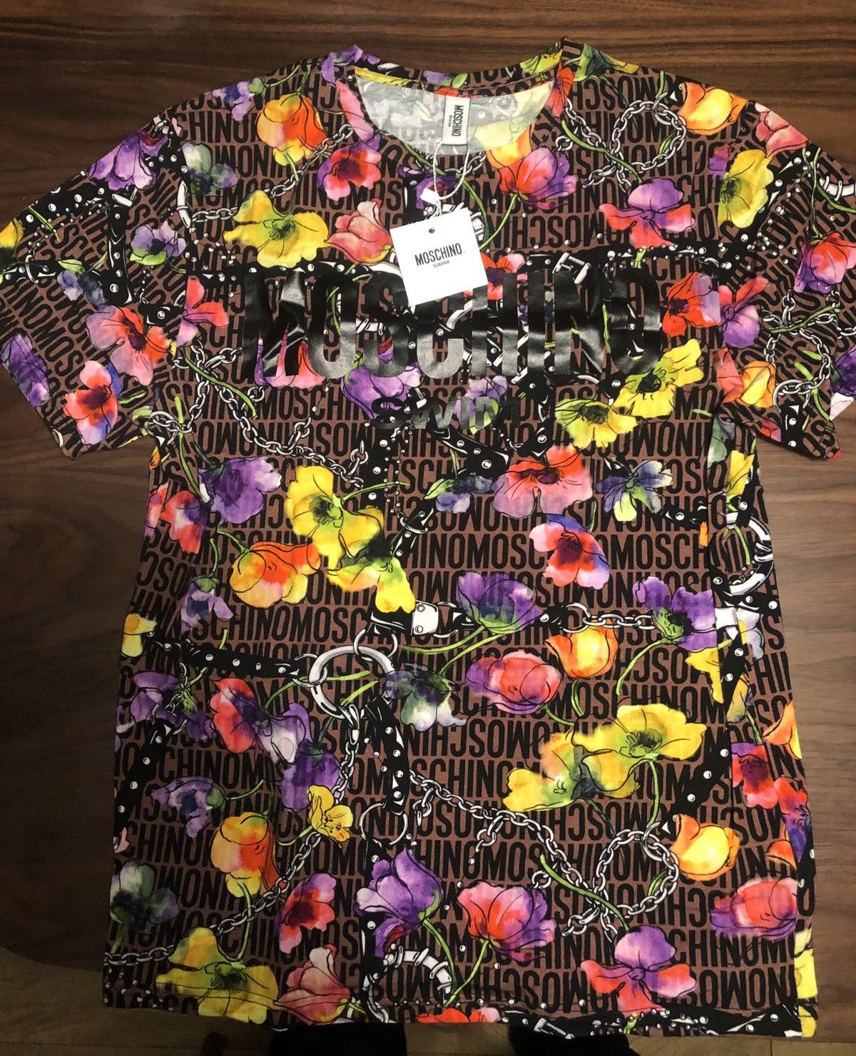 image of Hype Moschino Swim Allover Printed Logo T-Shirt In Floral&straps, Men's (Size XS)