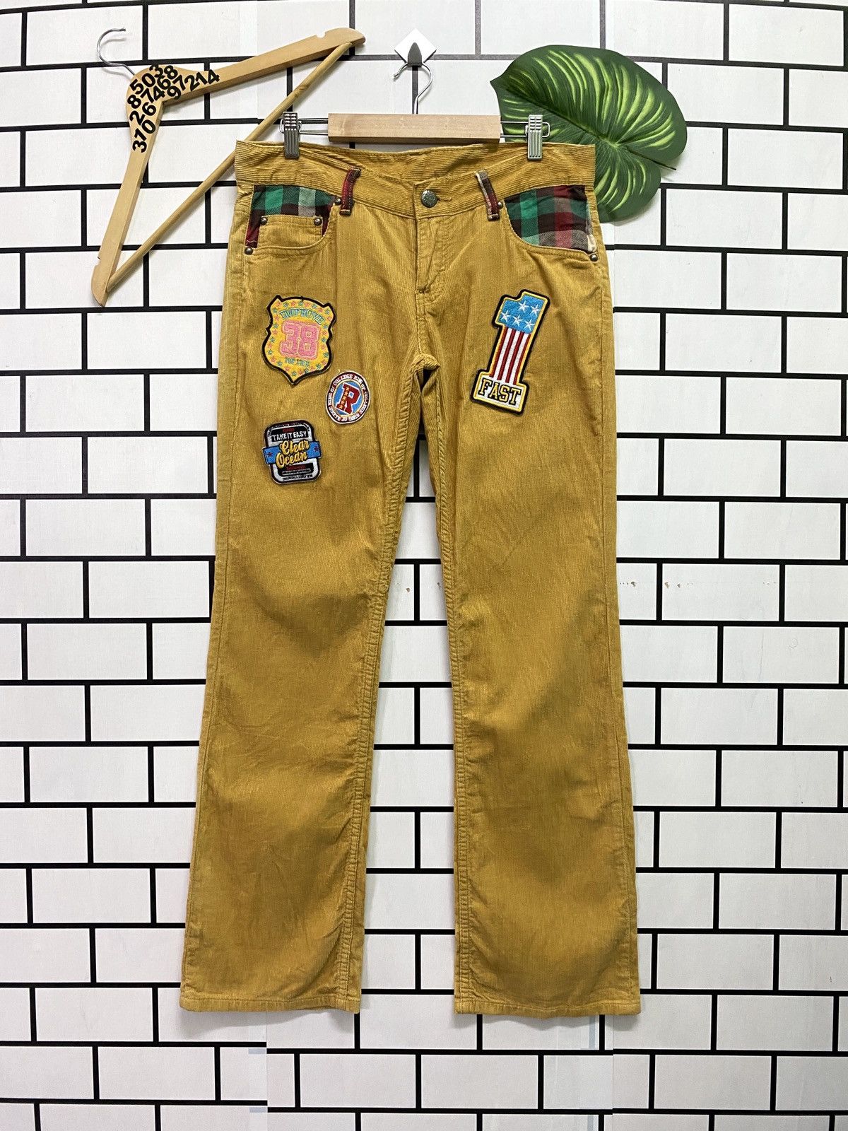 image of Designer Rollin Corduroy Low Rise Patches Pants in Yellow, Men's (Size 32)
