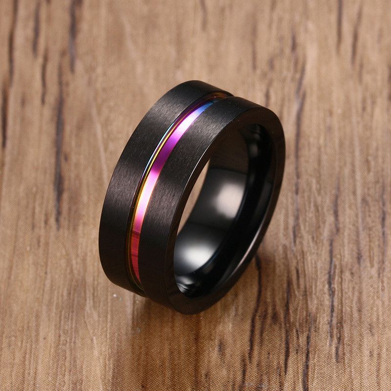 Japanese Brand 8mm Stainless Steel Thin Rainbow Line Ring Size ONE SIZE - 1 Thumbnail