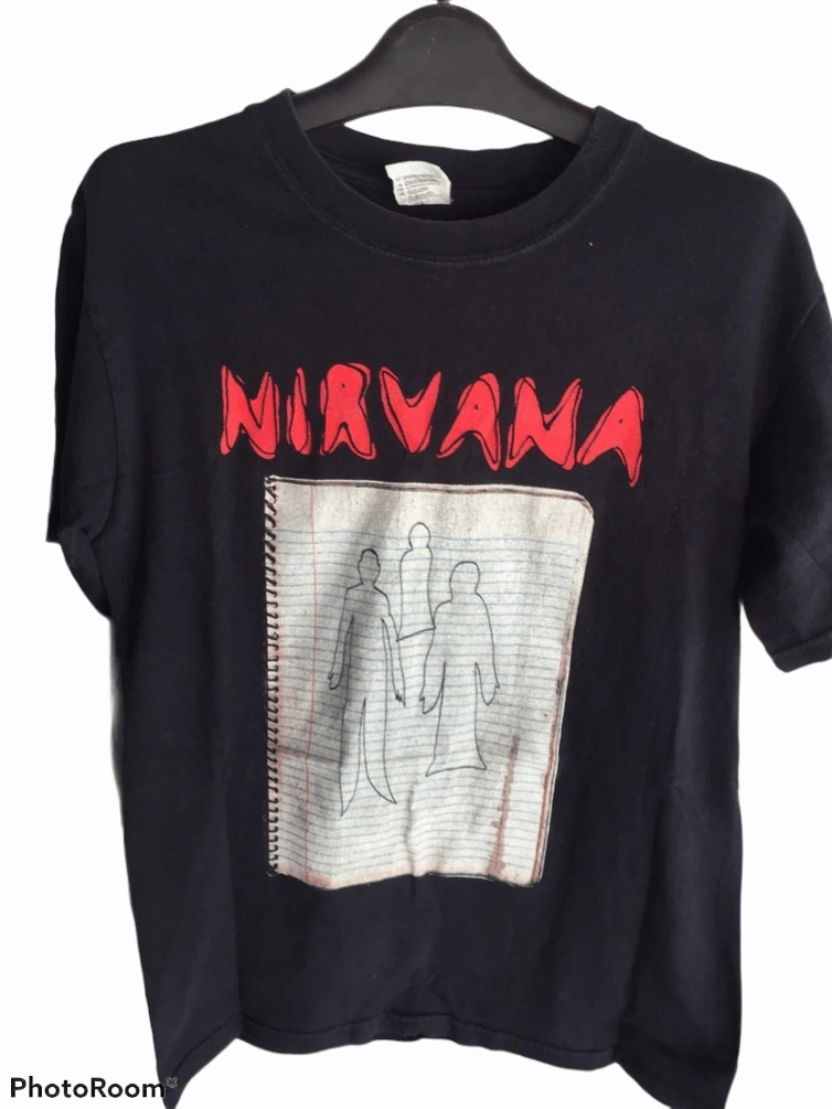 image of Vintage Nirvana Kurt Cobain Band Tshirt Design in Black, Men's (Size Small)