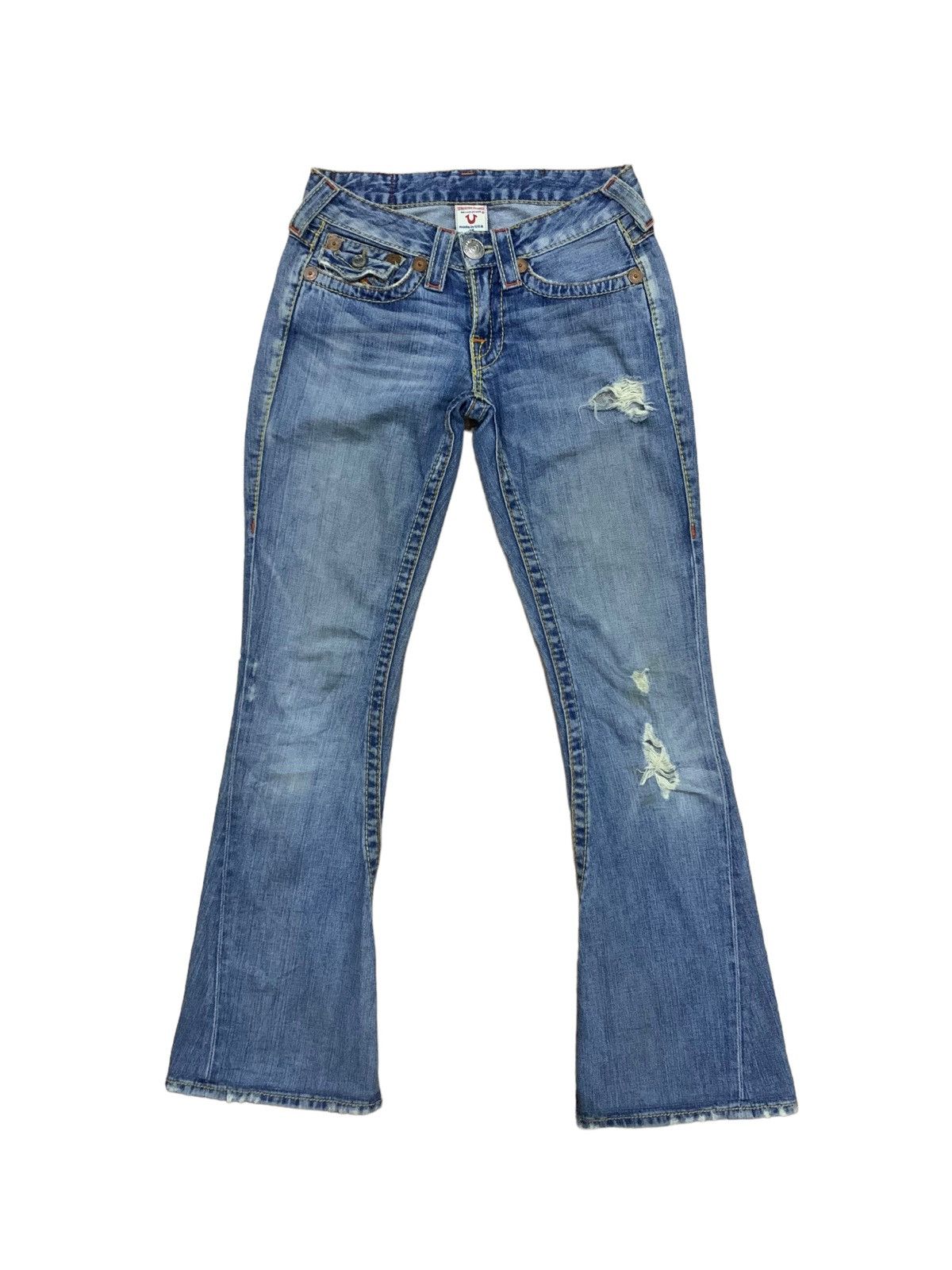 If Six Was Nine × Japanese Brand × Le Grande Bleu (L.G.B.) 🔥Flare🔥 Vintage True Religion Big 7 Blue Wash Distress Jeans Size US 28 / EU 44 - 1 Thumbnail