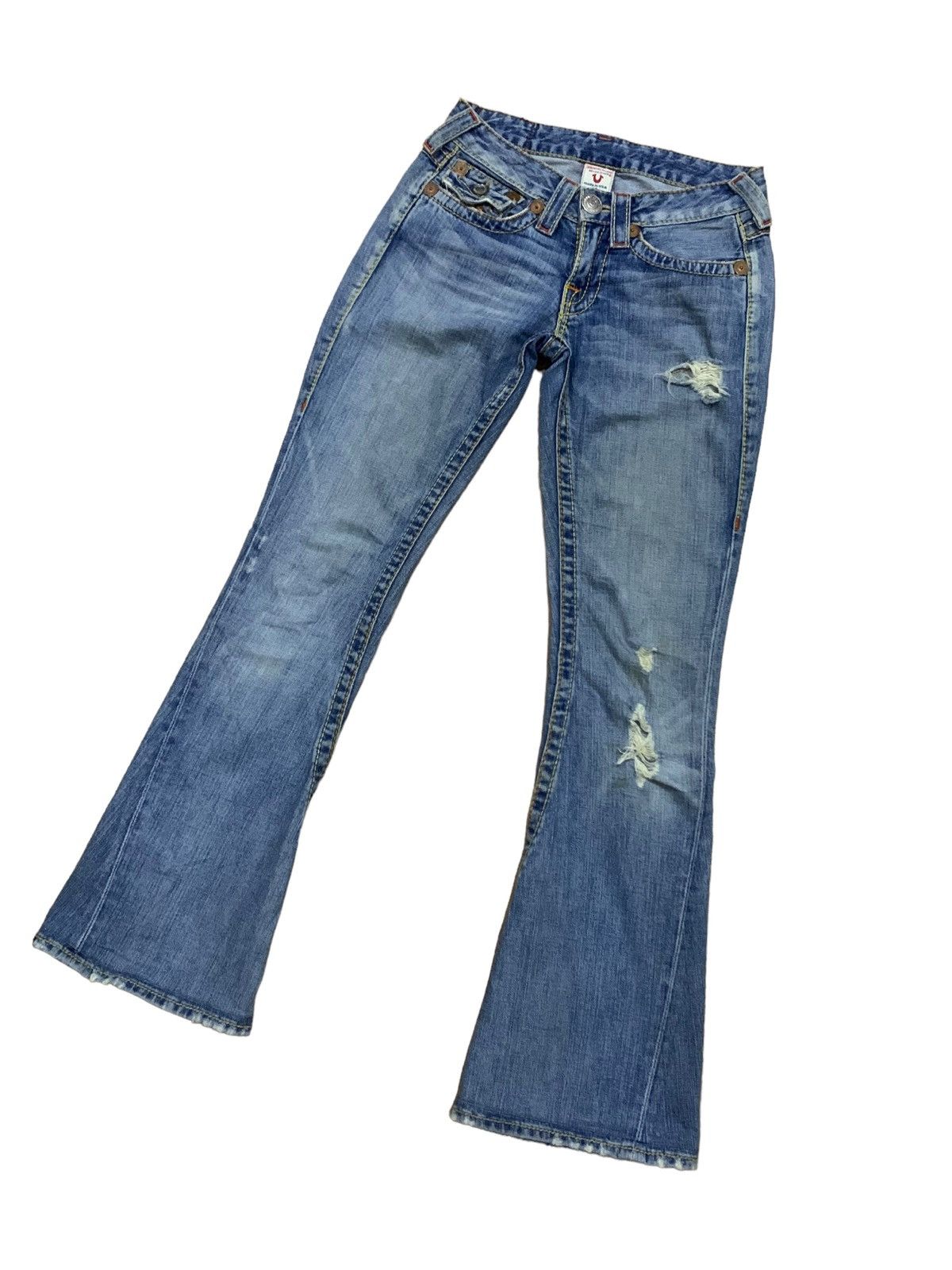 If Six Was Nine × Japanese Brand × Le Grande Bleu (L.G.B.) 🔥Flare🔥 Vintage True Religion Big 7 Blue Wash Distress Jeans Size US 28 / EU 44 - 7 Thumbnail