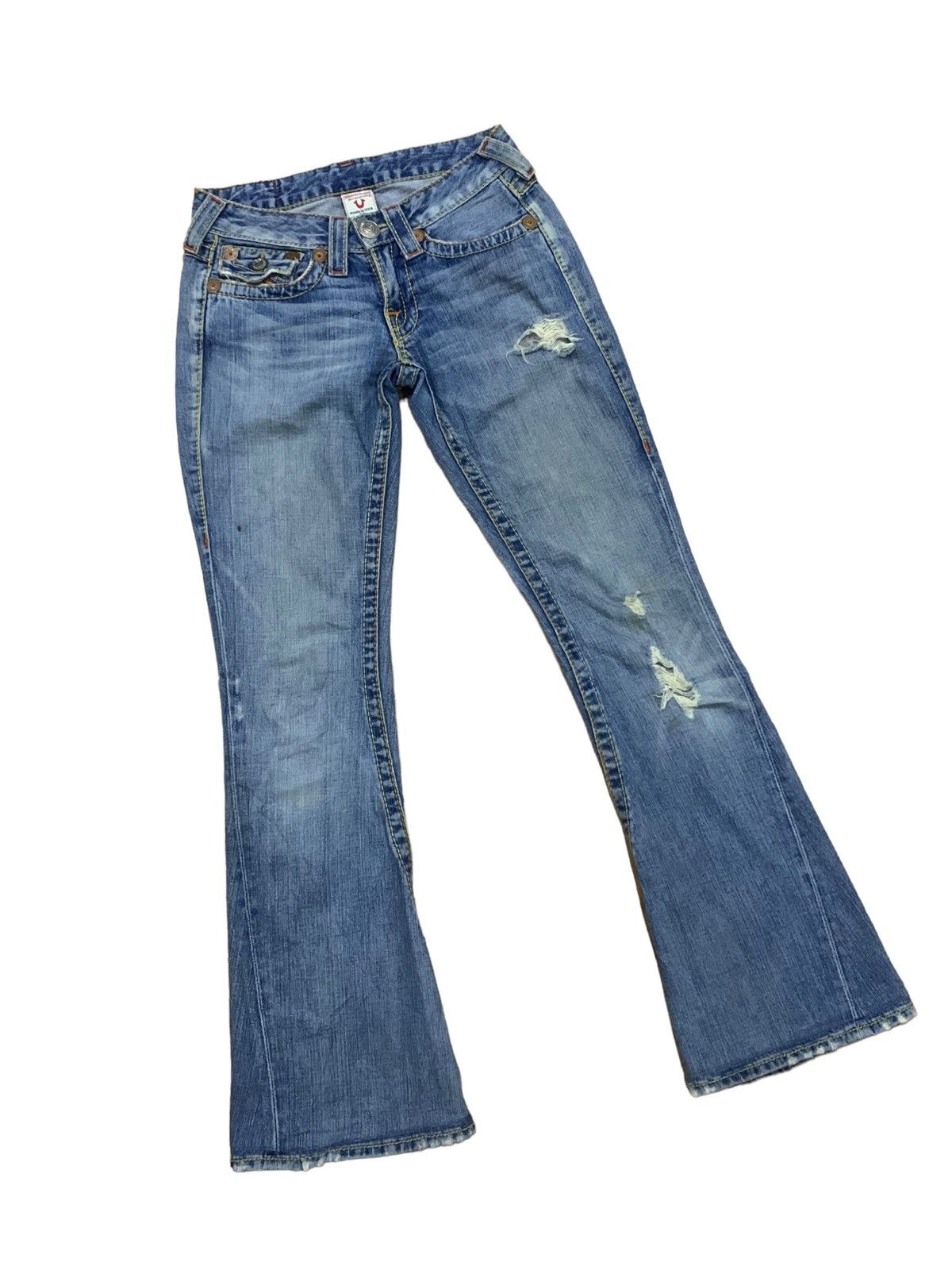 If Six Was Nine × Japanese Brand × Le Grande Bleu (L.G.B.) 🔥Flare🔥 Vintage True Religion Big 7 Blue Wash Distress Jeans Size US 28 / EU 44 - 6 Thumbnail