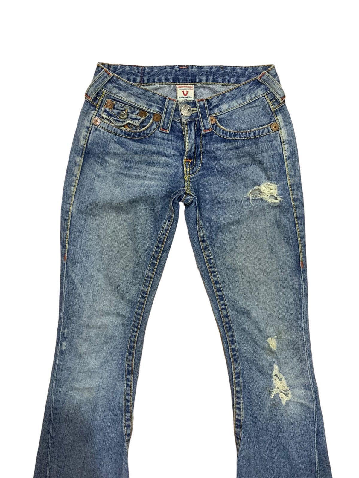 If Six Was Nine × Japanese Brand × Le Grande Bleu (L.G.B.) 🔥Flare🔥 Vintage True Religion Big 7 Blue Wash Distress Jeans Size US 28 / EU 44 - 4 Thumbnail