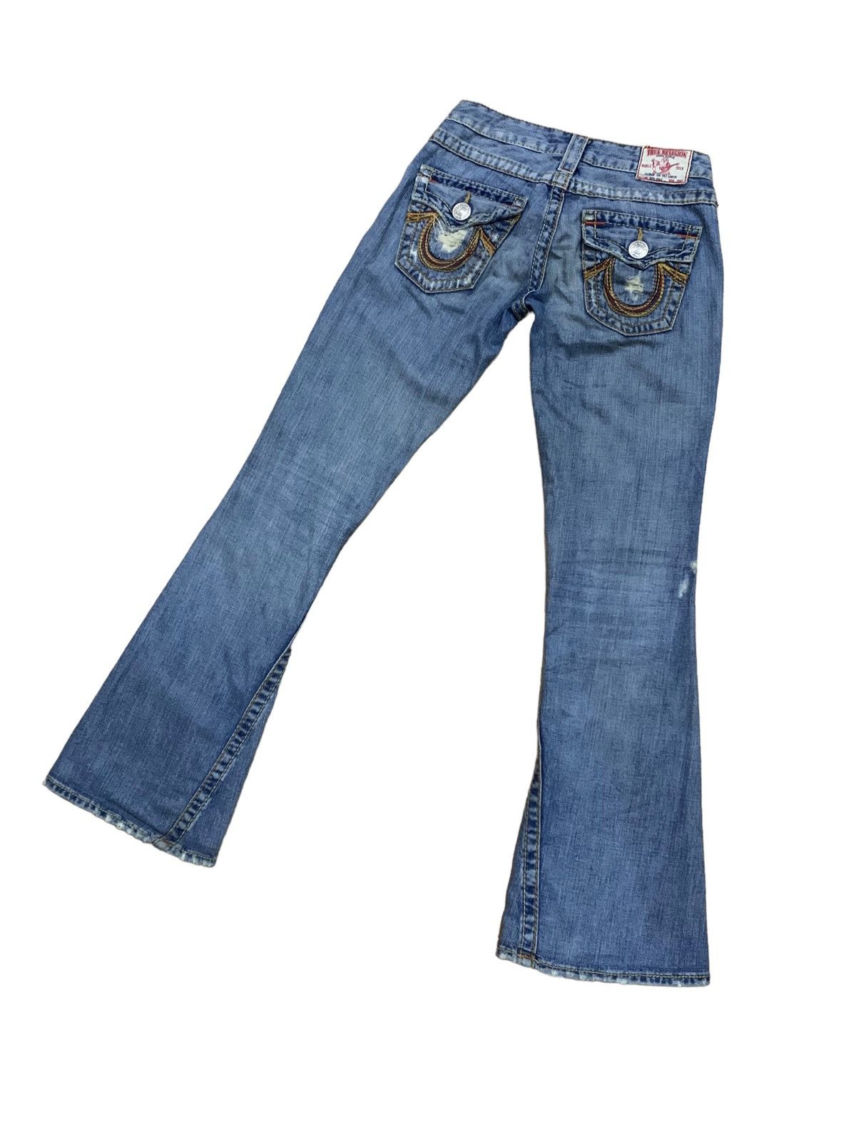 If Six Was Nine × Japanese Brand × Le Grande Bleu (L.G.B.) 🔥Flare🔥 Vintage True Religion Big 7 Blue Wash Distress Jeans Size US 28 / EU 44 - 13 Thumbnail