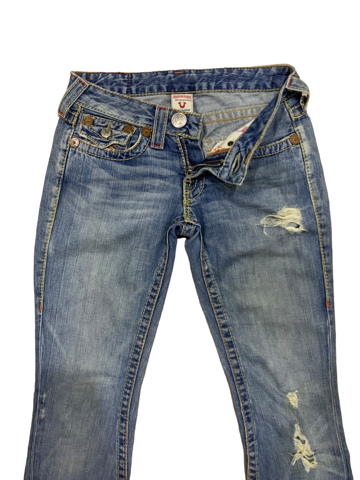If Six Was Nine × Japanese Brand × Le Grande Bleu (L.G.B.) 🔥Flare🔥 Vintage True Religion Big 7 Blue Wash Distress Jeans Size US 28 / EU 44 - 3 Thumbnail