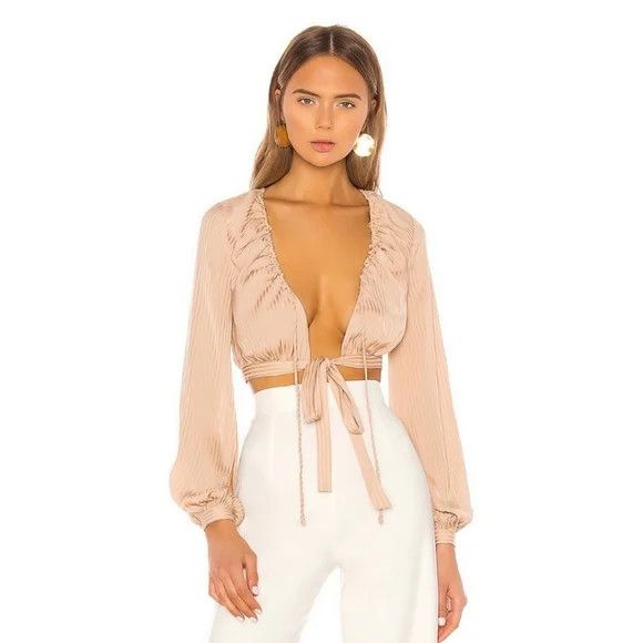 image of Vacation NWOT Nbd Davis Nude Striped Long-Sleeve Tie-Front Crop Top, Women's (Size XS)