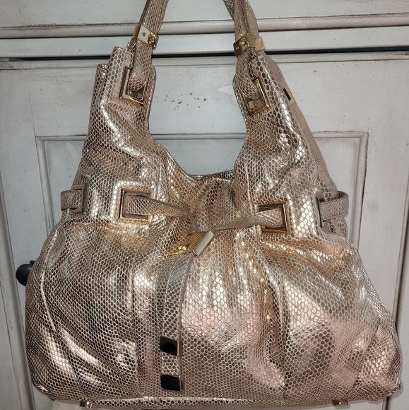 Michael Kors Carey Gold Leather Snake-Embossed Shoulder Tote Metallic Size ONE SIZE - 1 Thumbnail
