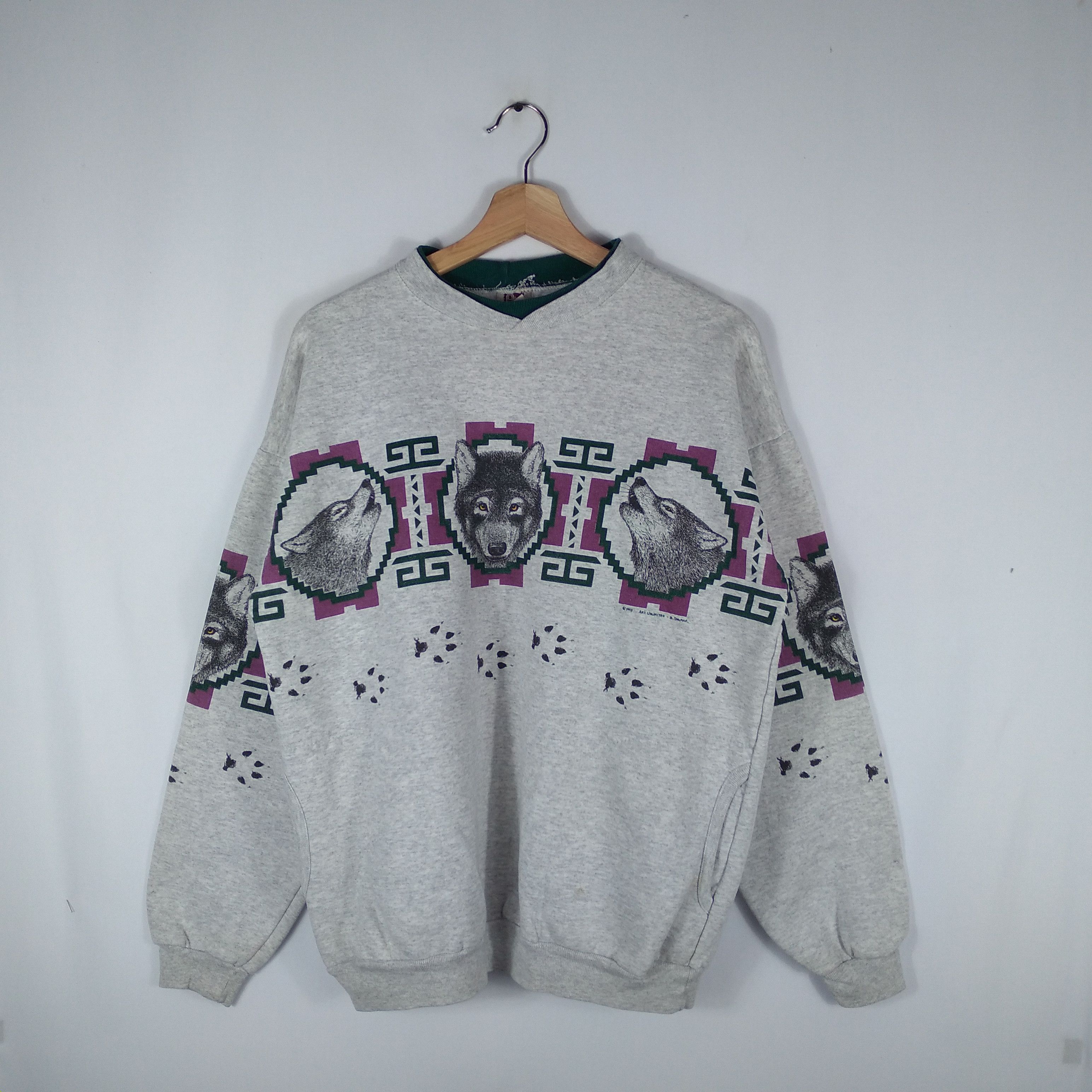 image of Sick90Sthe Lone Wolf Mirror Print Habitat Sweatshirt in Grey, Men's (Size Medium)