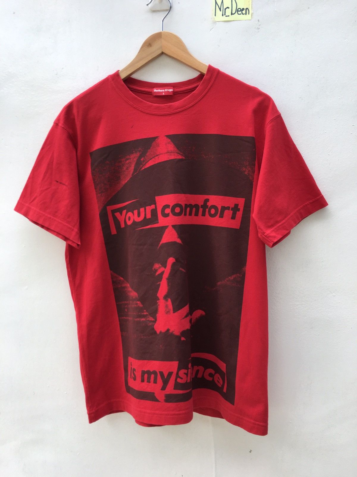 image of Barbara Kruger Printed Your Comfort My Silence Red Tshirt, Men's (Size Large)