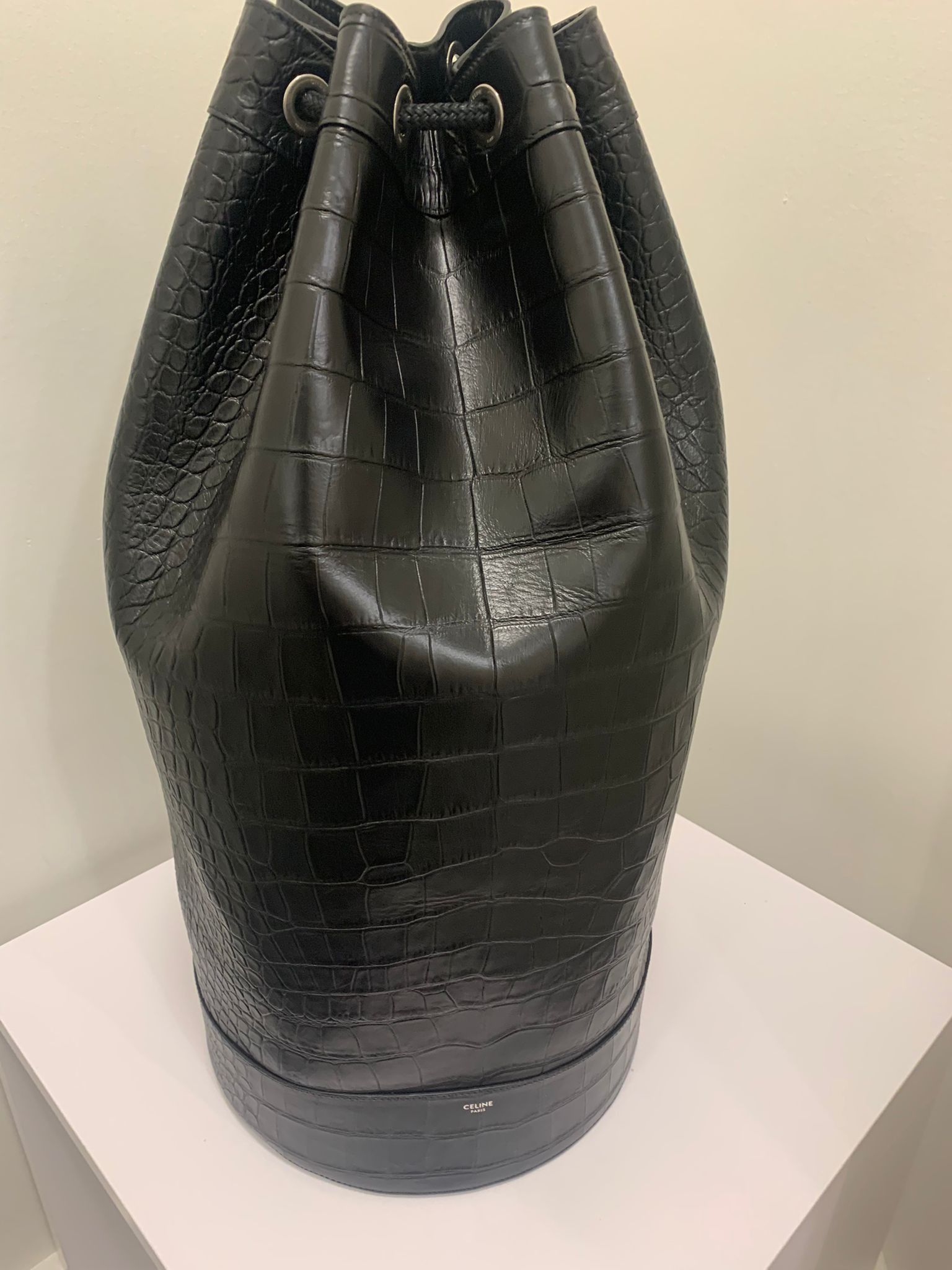 image of Celine Crocodile Bucket Drawstring Bucket Bag In Black, Men's