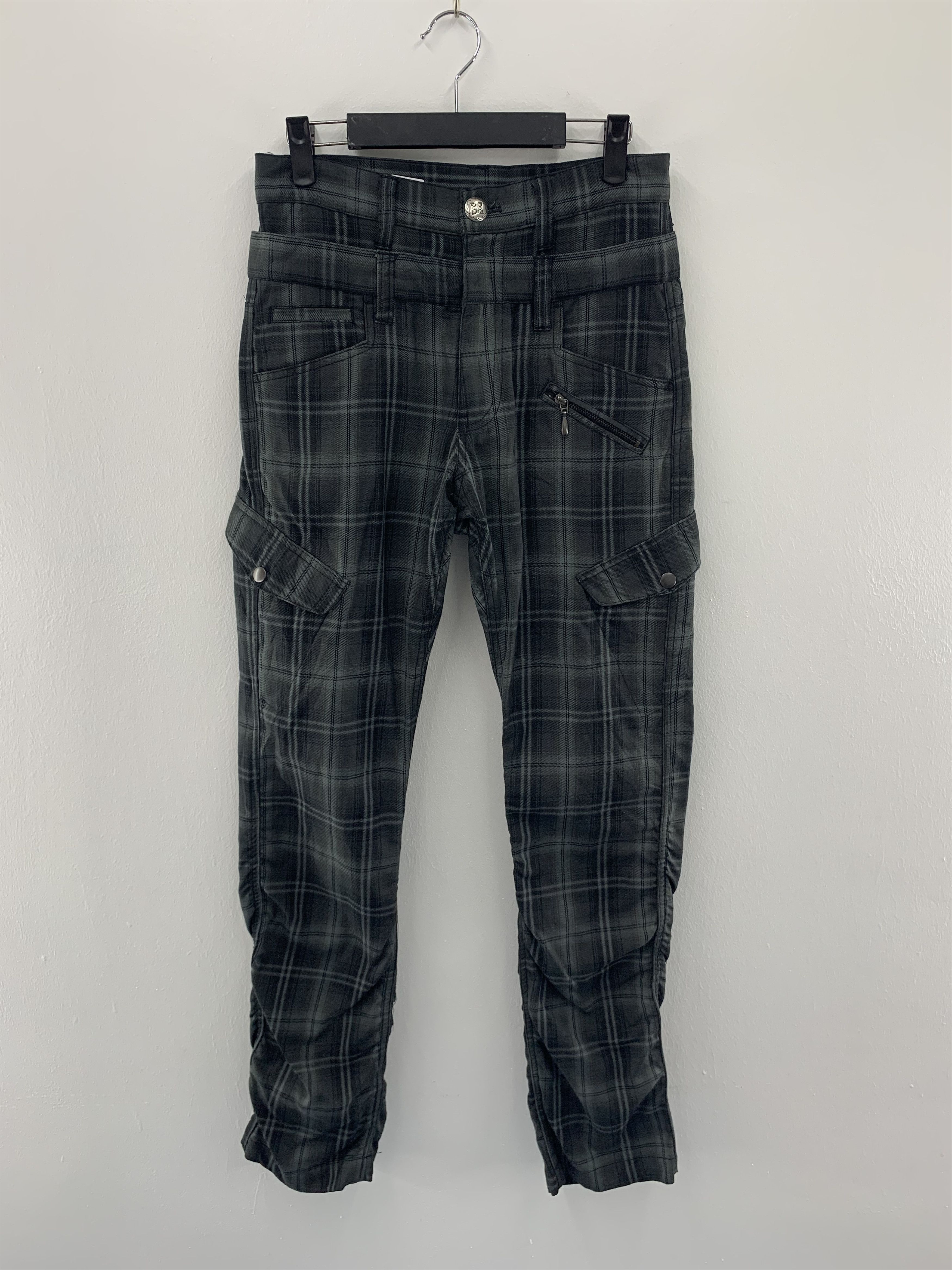 Double Waist Black Tartan Pants Drawstring Side Ruched