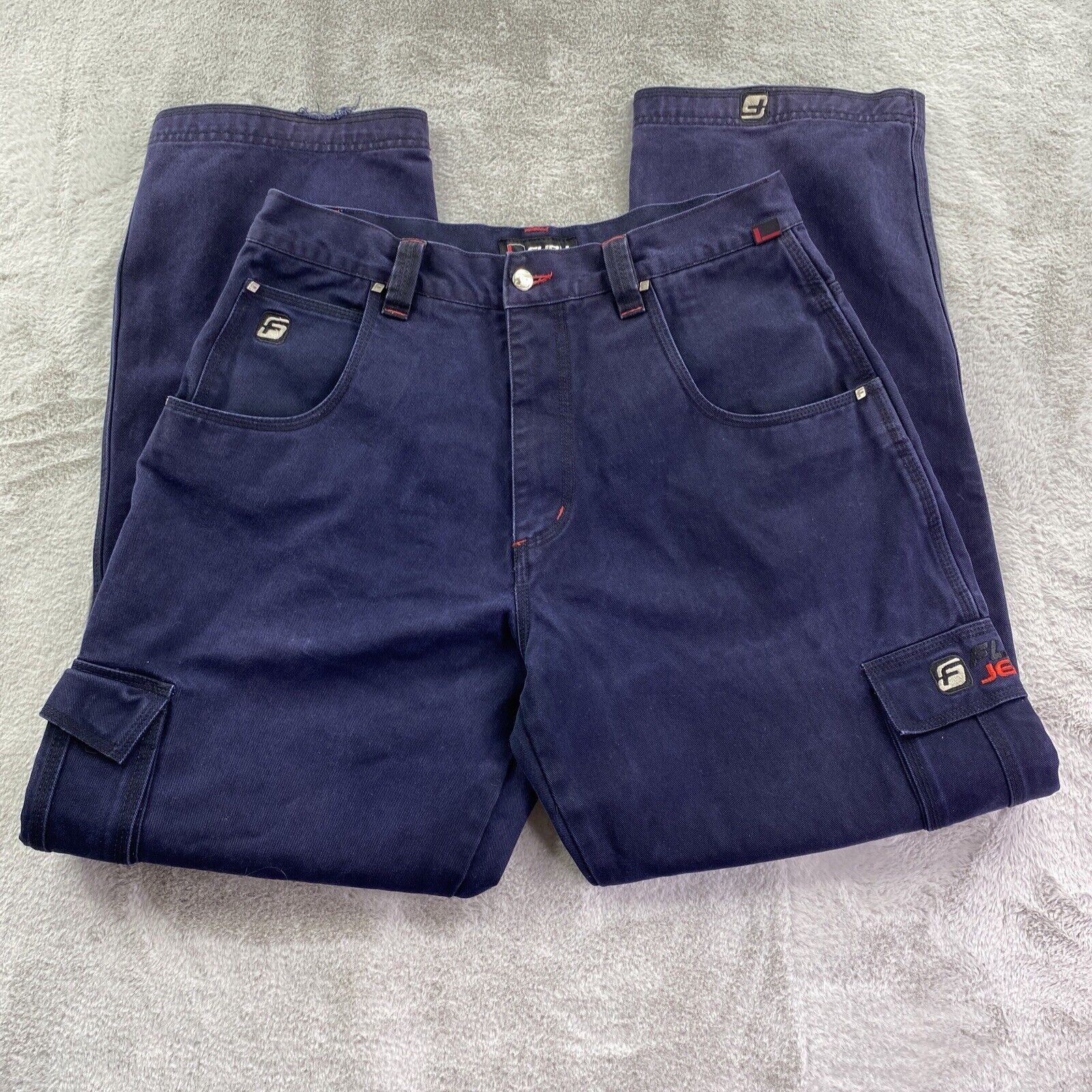 Jean FUBU Vintage Baggy Années 90 - Bleu Brillant/métallisé Argent - Taille W34 L34 - Occasion Très Bon état