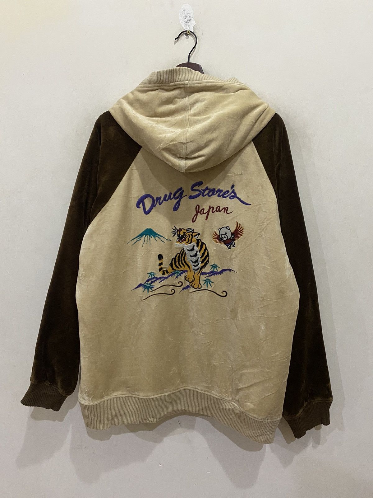 image of Sukajan Souvenir Jacket Drug Store Japan Sukajan Style All Embroiderey in Brown/Milk (Size Large)