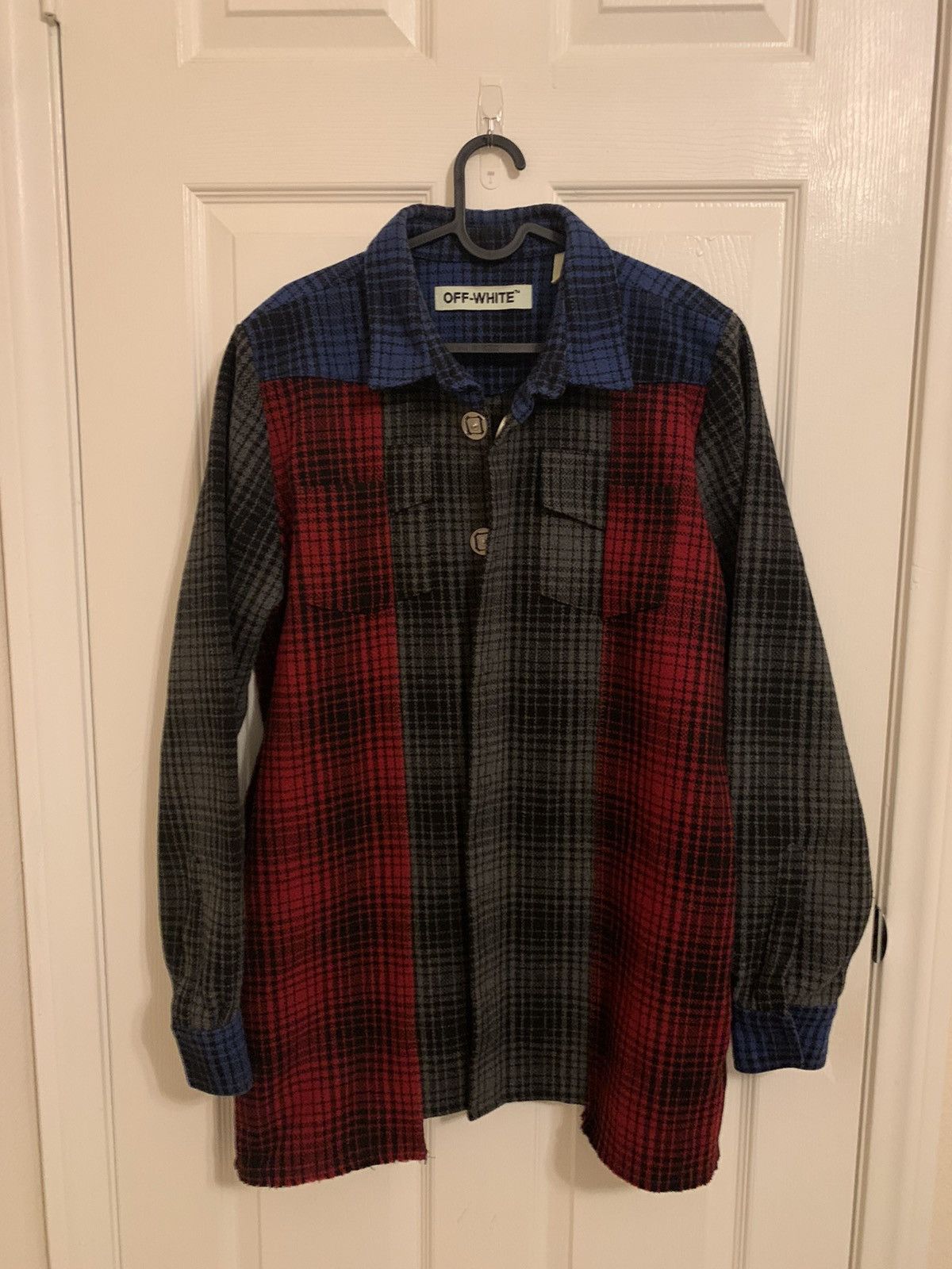 image of Off White Flannel Coat in Blue, Men's (Size Small)