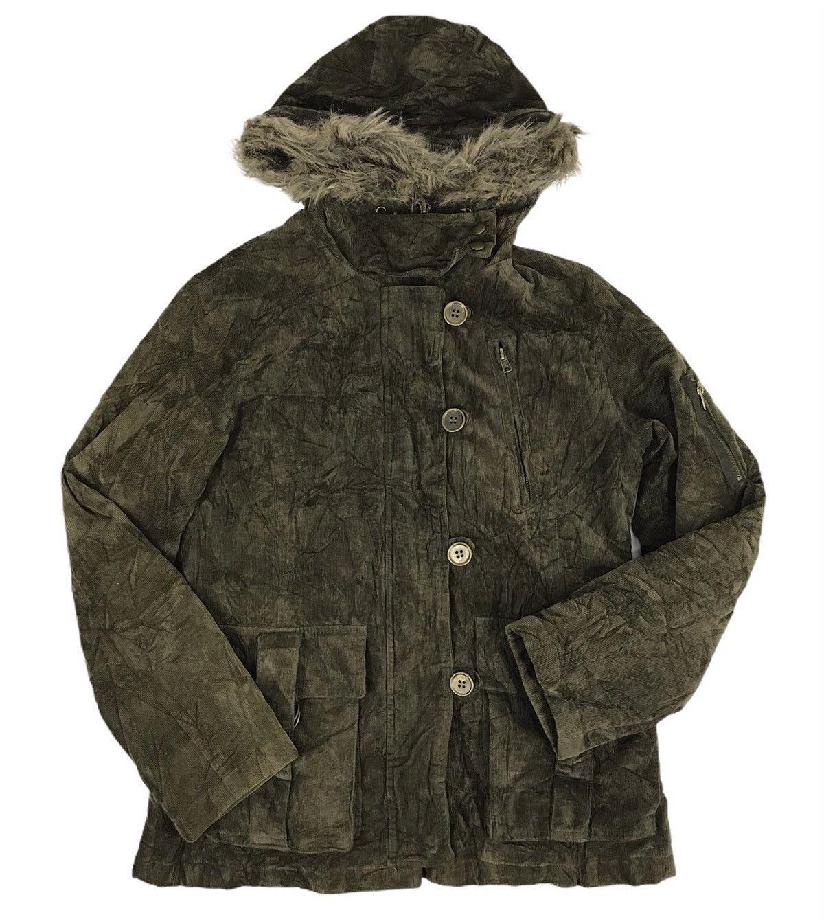 image of Hype x Winter Session Military Jasper Minx Padded Jacket Corduroy Denim Hoodie in Dark Green, Women