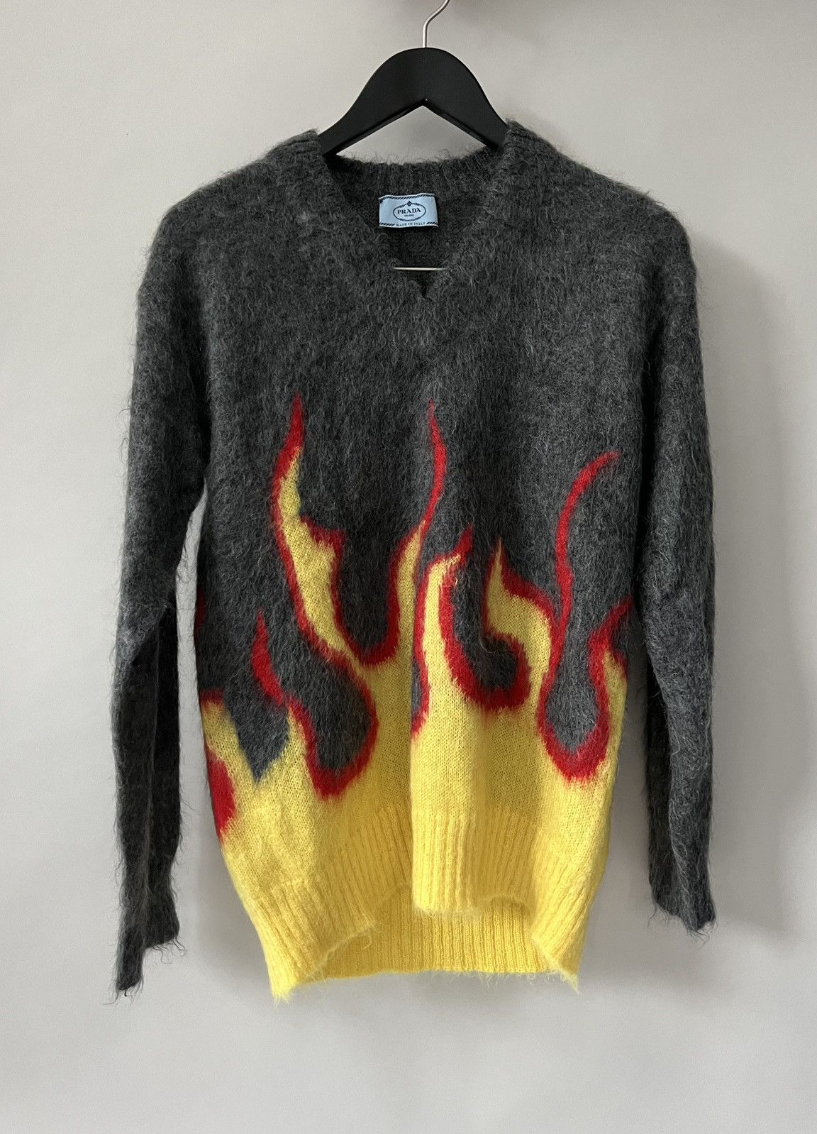 image of Prada Mohair Flame Intarsia Sweater in Grey, Men's (Size Small)