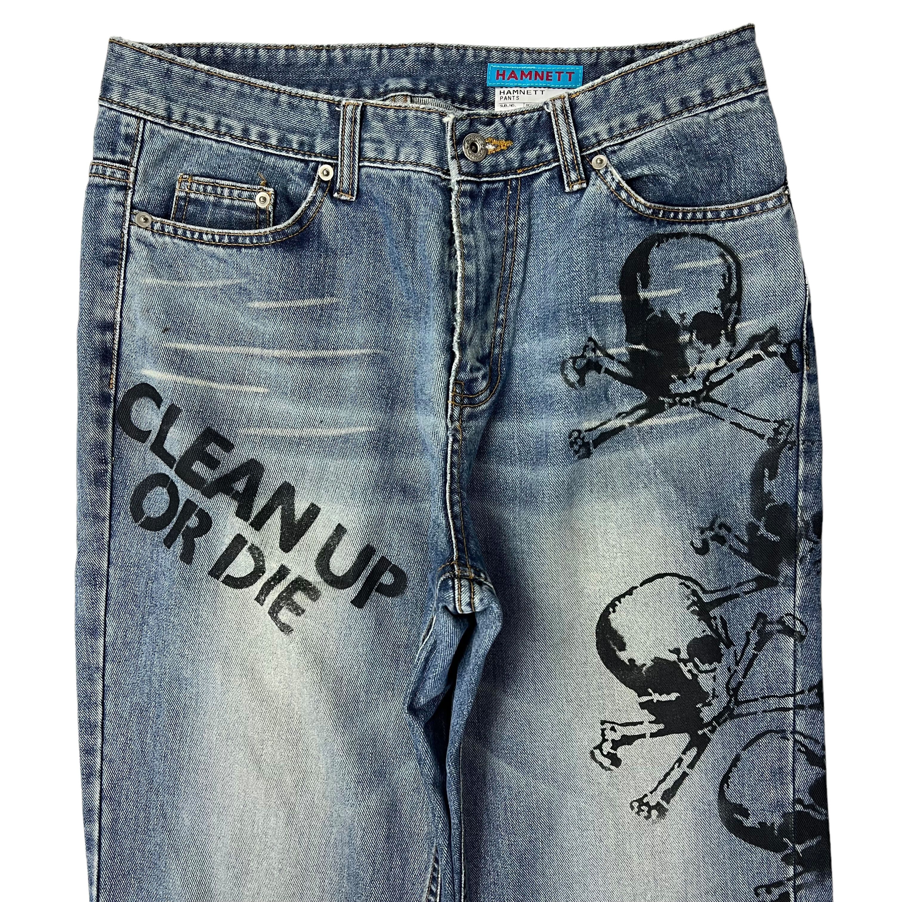 Katharine Hamnett London AW89 “Clean Up or Die” Archive Skull Print Denim Size US 32 / EU 48 - 3 Thumbnail