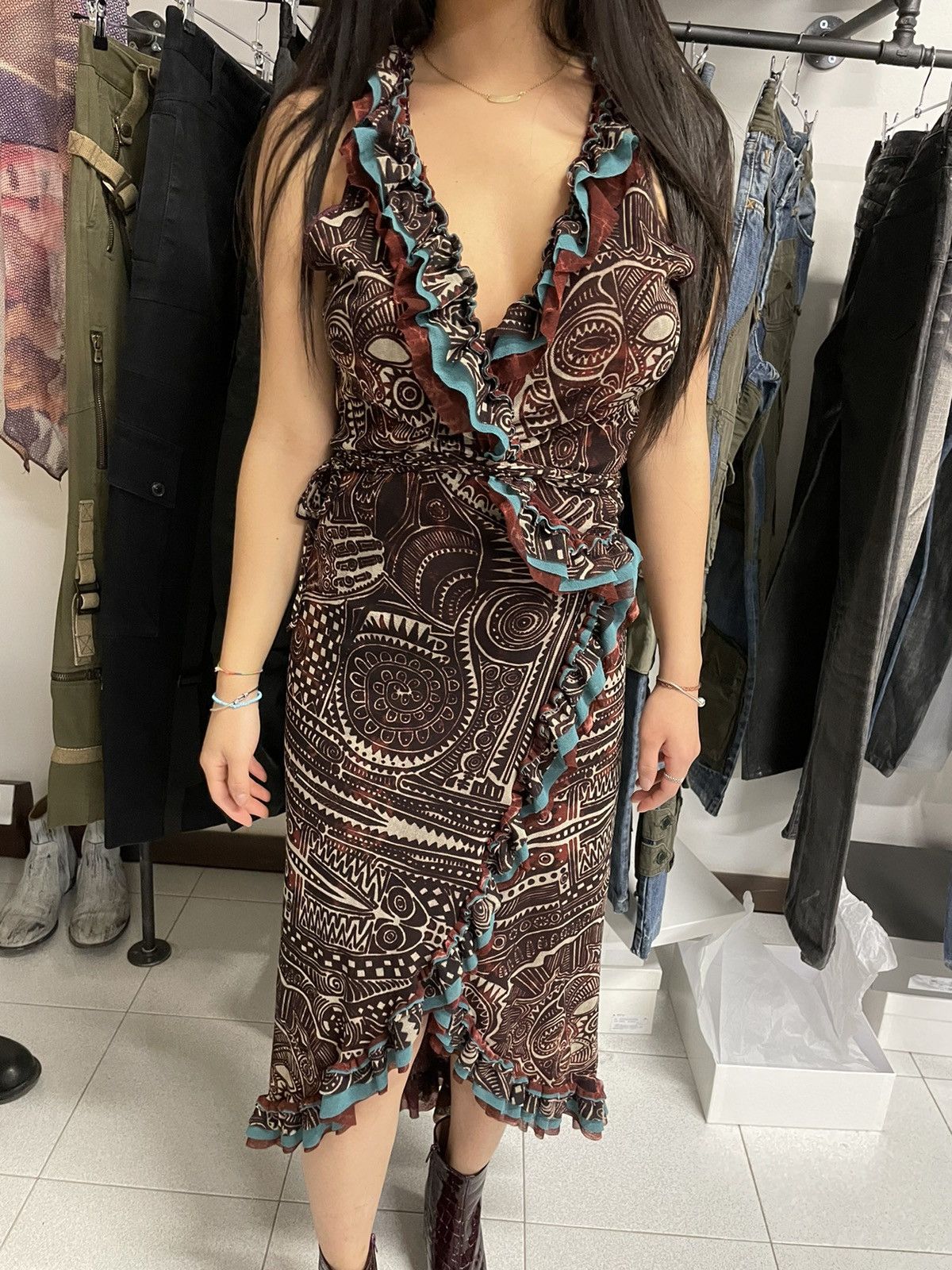 image of Jean Paul Gaultier 1990’S Tribal Mesh Dress Tattoo Printed Shirt Woman Vintage in Dark Red, Women's