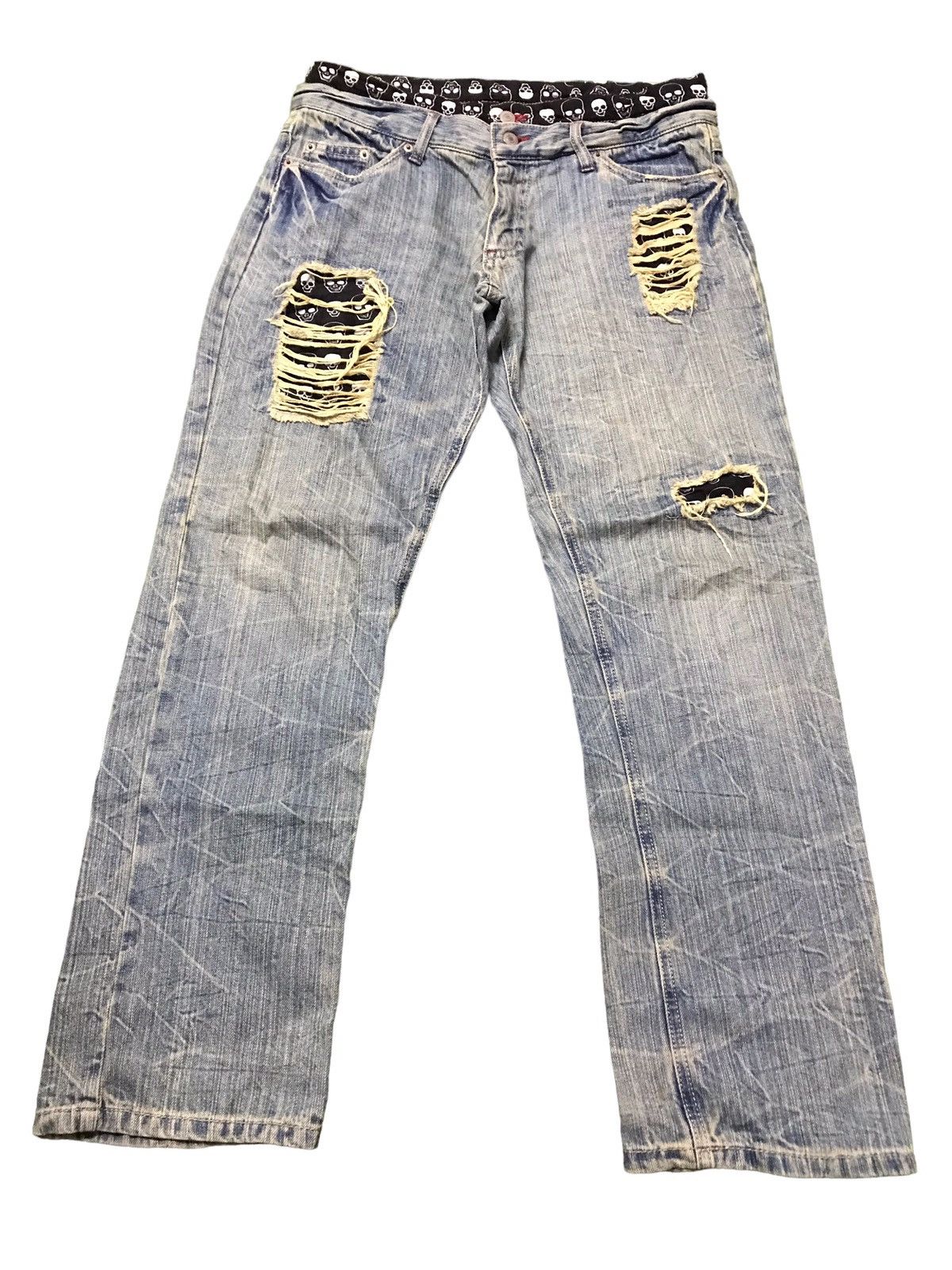 Rare🔥Double Waist Skull Patchwork Distressed Jeans Very Rare