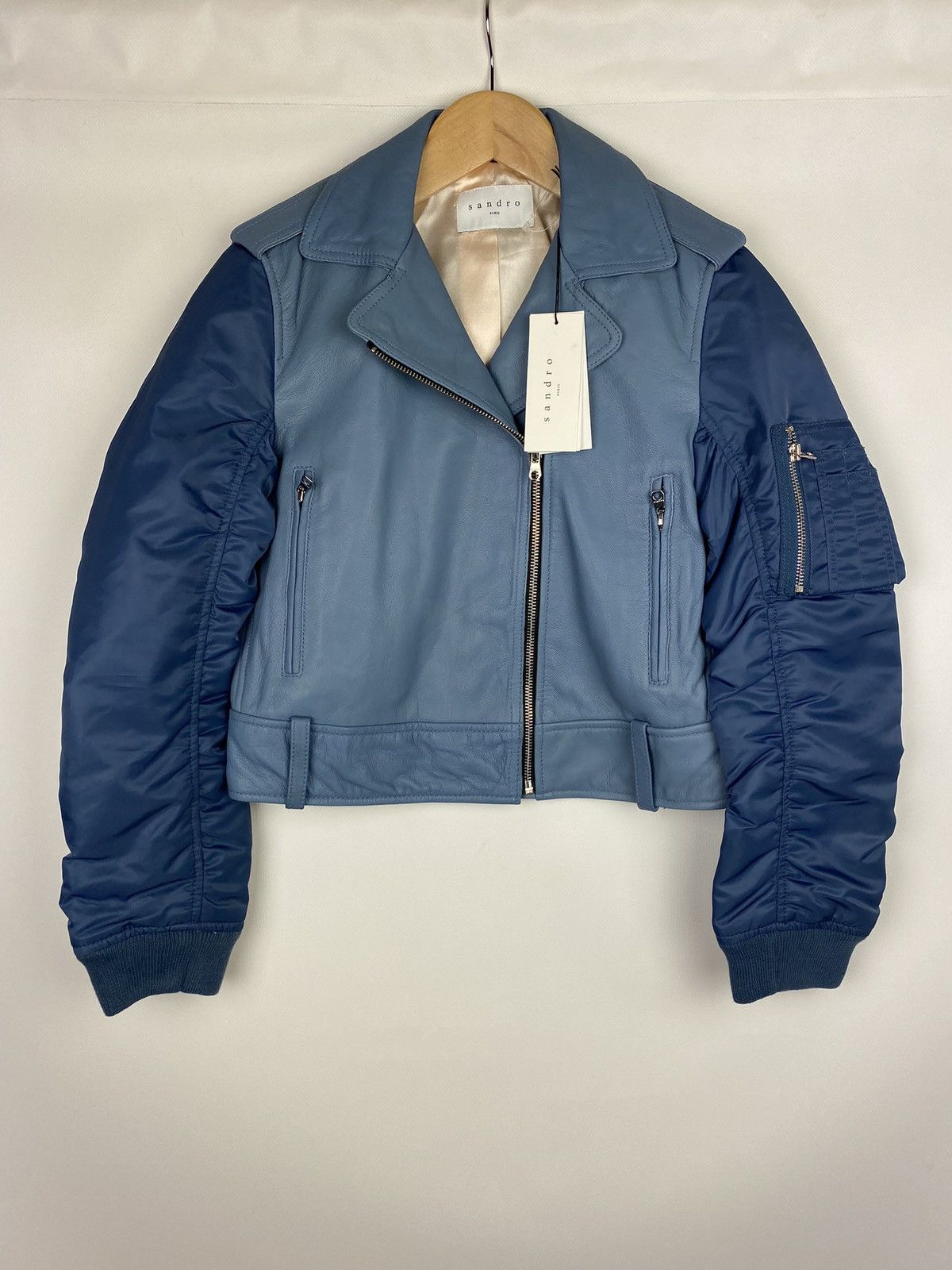 Image of Sandro Paris Ladies Goat Leather Bomber Jacket Size 1 in Blue, Women's