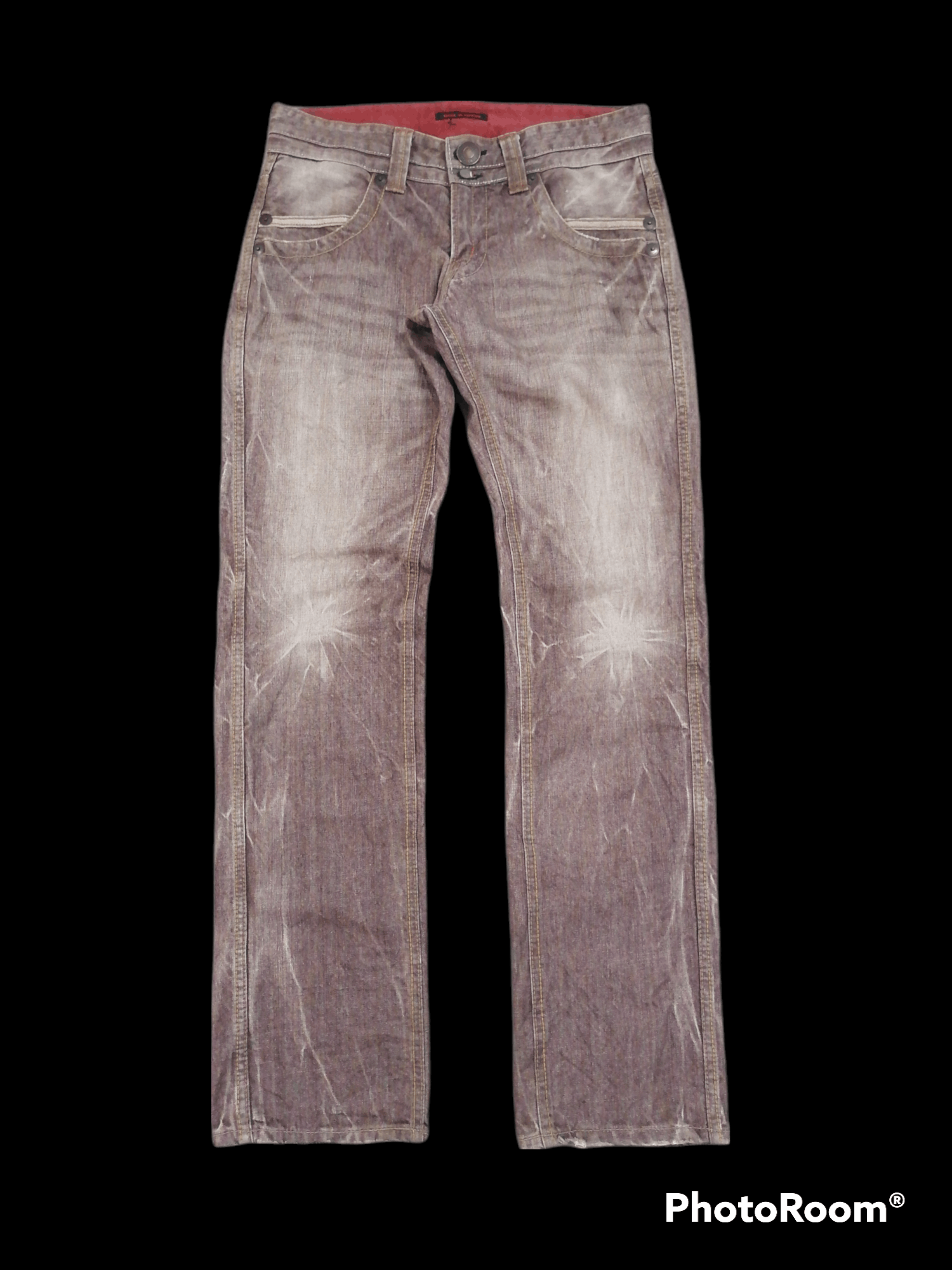 image of Distressed Denim Made In Nippon Blue Way Maroon Washed Denim Pants, Men's (Size 32)