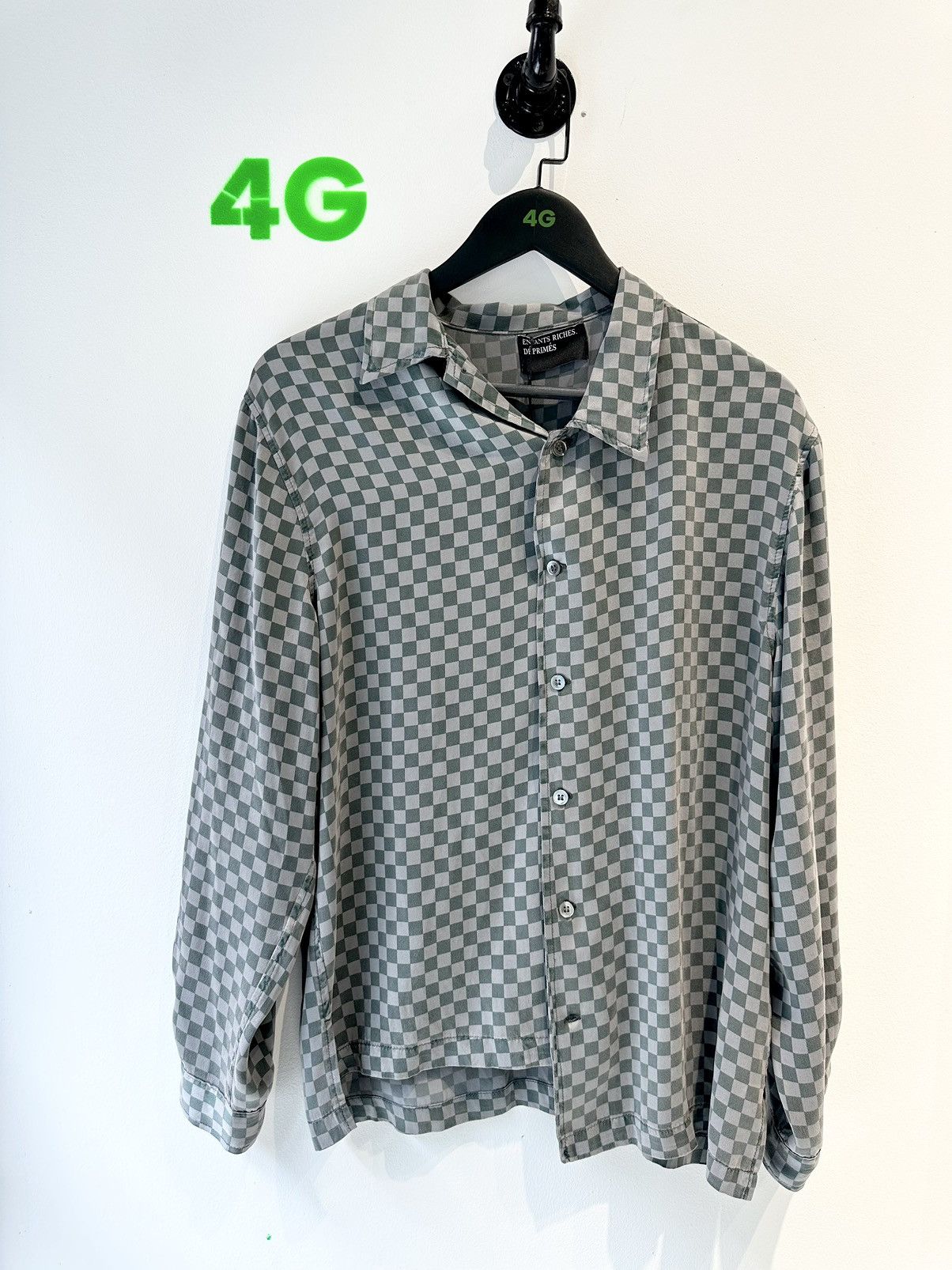 image of Enfants Riches Deprimes Erd 100% Silk Campaign Ss20 Checkered Shirt in Graphite/Dark Turquoise (Siz