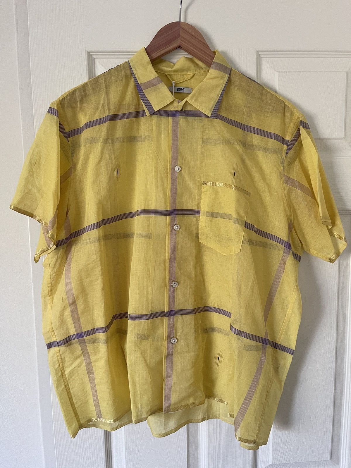 Image of Bode One Of A Kind Oz Plaid Silk Ribbon Shirt in Yellow, Men's (Size 2XL)