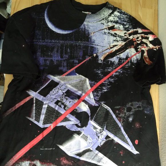 Image of Hanes x Star Wars Vintage Star Wars Millennium Falcon Death Star Aop T-Shirt in Black (Size XL)