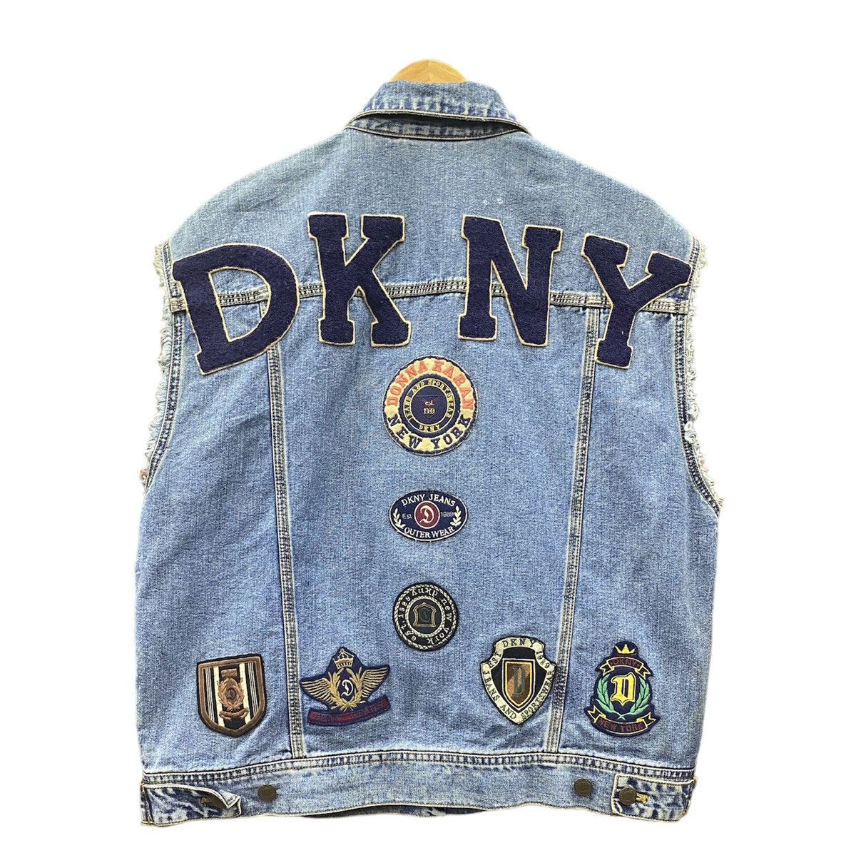 image of Dkny Patches Sleeveless Button Denim Jacket (M) in Denim Blue, Men's (Size Medium)