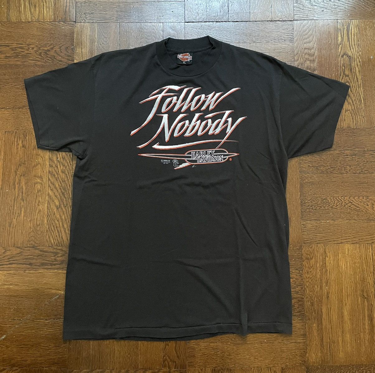 image of VTG Harley Davidson T Shirt 3D Emblem 1989 Follow in Black, Men's (Size XL)