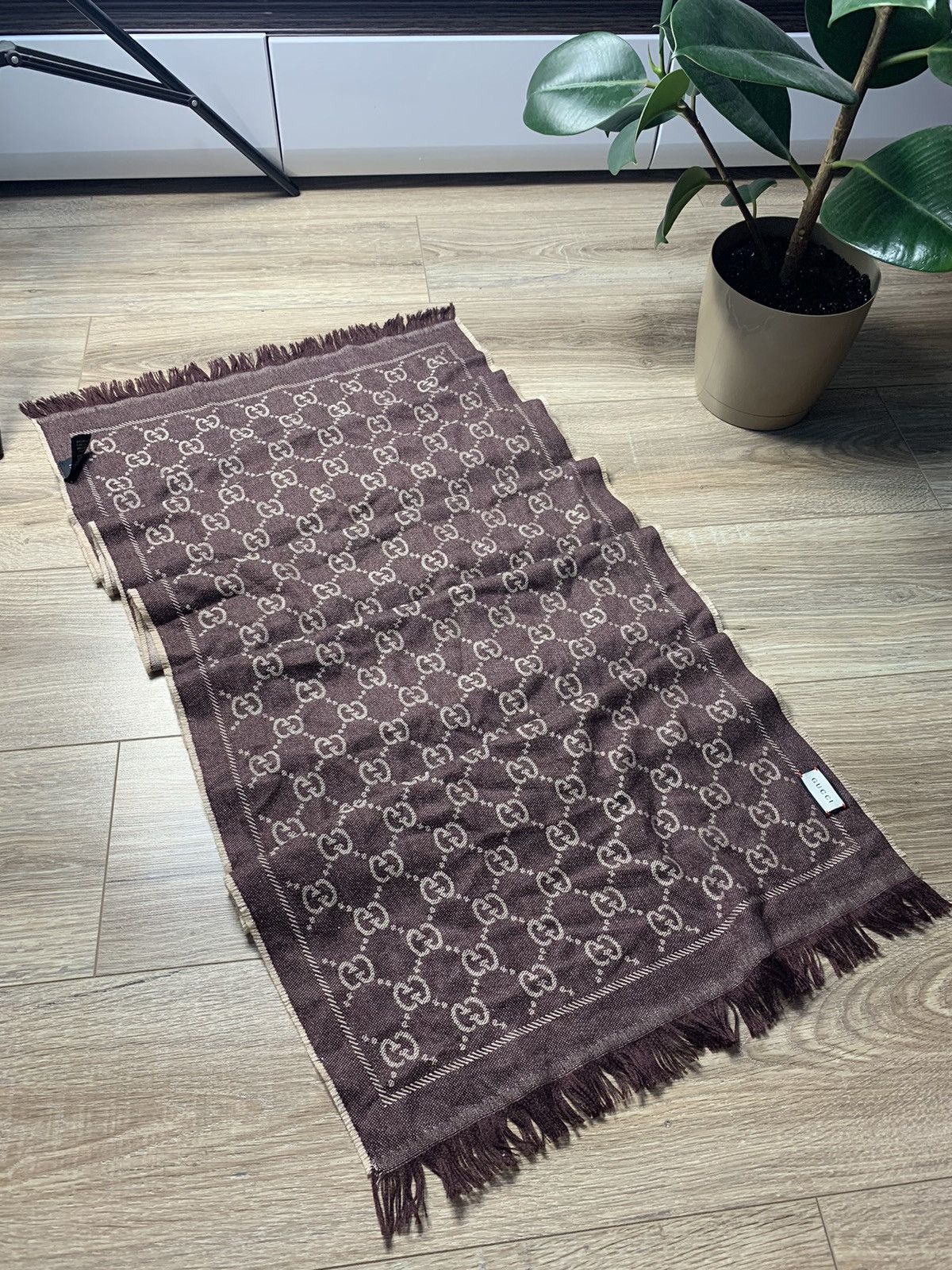image of Gucci Monogram Wool Scarf in Brown/Beige, Men's