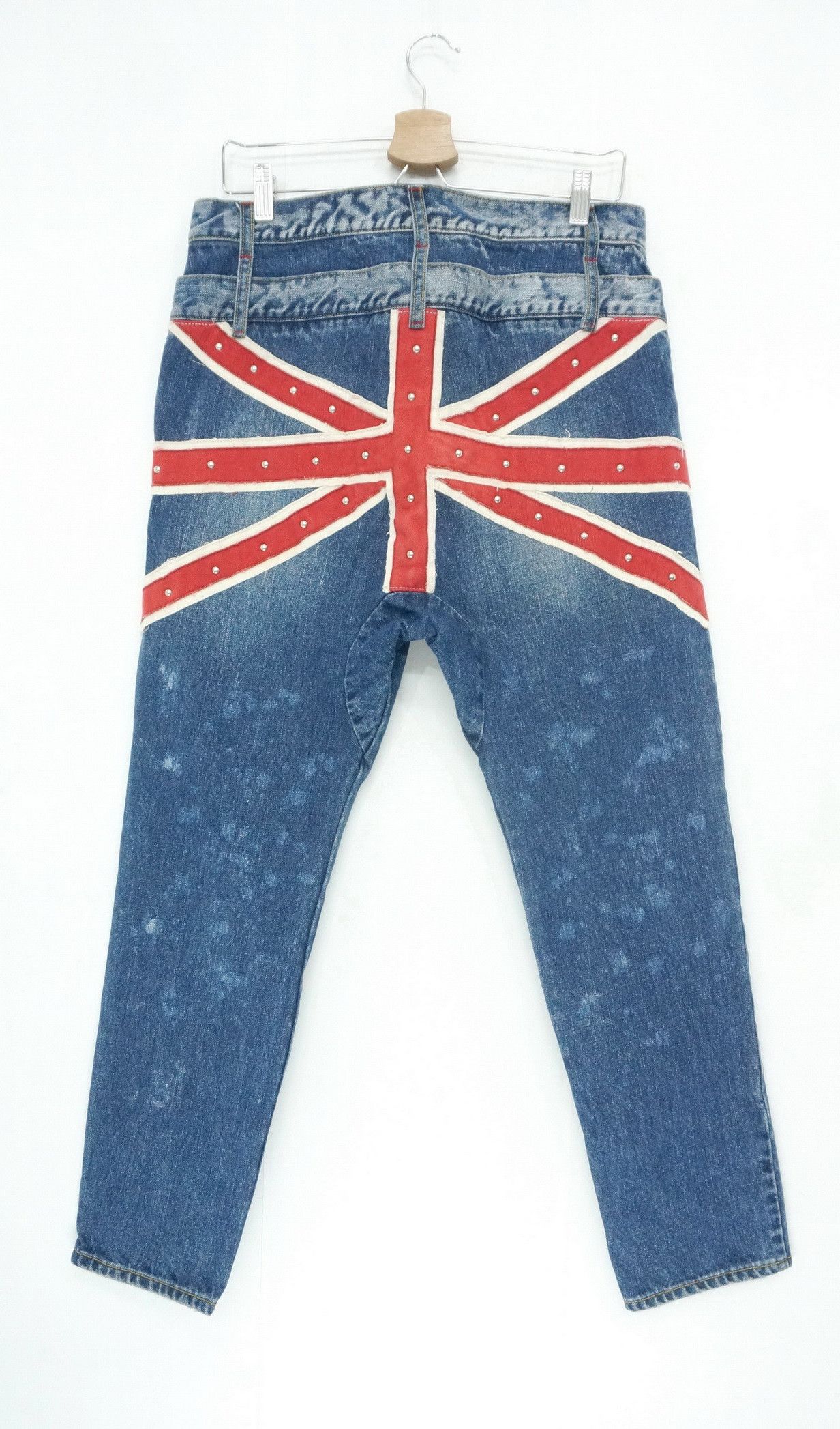 image of Vintage VTG Candy Stripper Doublewaist Union Jack Distressed Jeans in Blue Denim, Men's (Size 31)