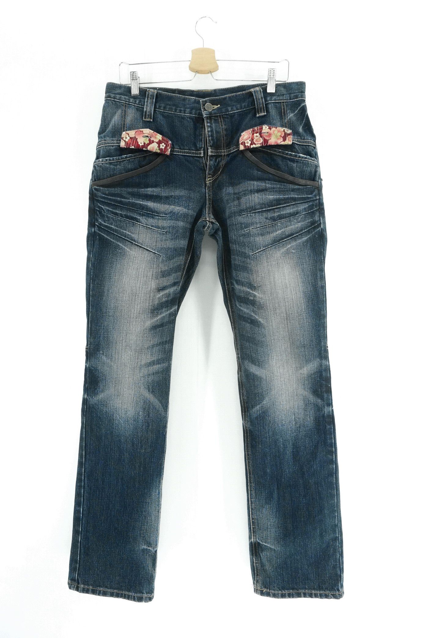 image of Multi Pocket Floral Flap Wool Back Distressed Denim in Faded Dark Blue Denim, Men's (Size 32)