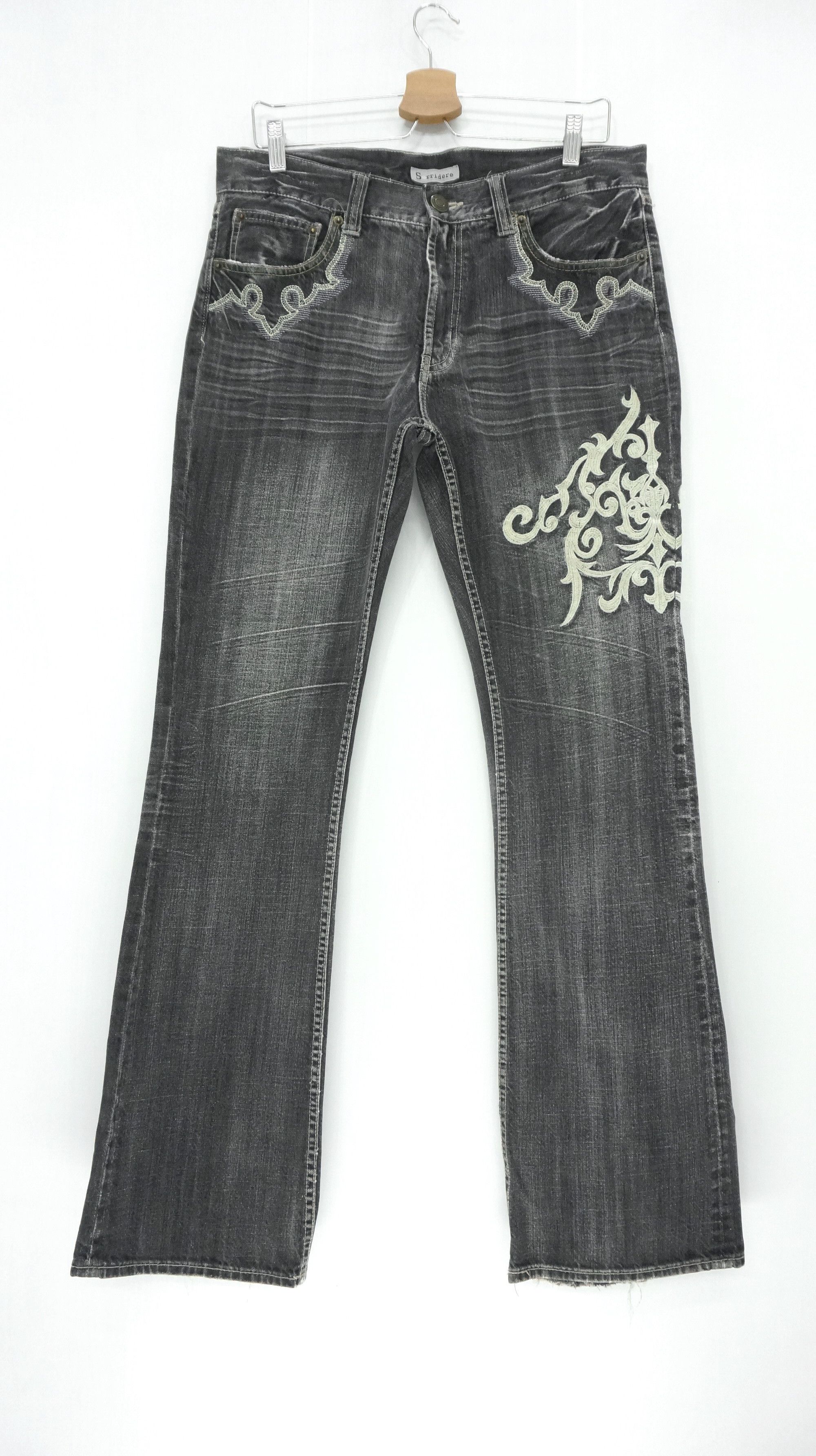 Japanese Brand Flare 🔥 SORRIDERRE Vintage Tattoo Tribal Distressed Jeans Size US 33 - 3 Thumbnail