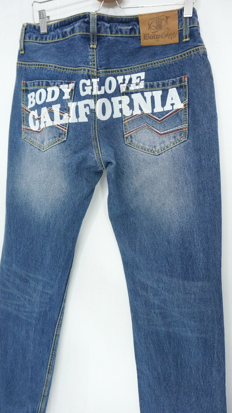image of Body Glove California Distressed Printed Spell Out Jeans in Denim Blue, Men's (Size 34)