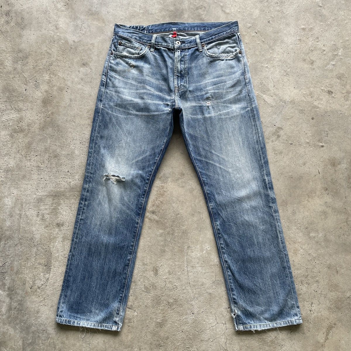 image of Japanese Faded Distressed Denim Jeans Pants W33X30 in Faded Blue, Men's