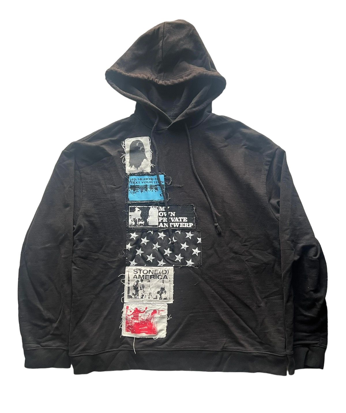 Pre-owned Raf Simons S/s20 Modello Stoned America Patchwork Hoodie In Black