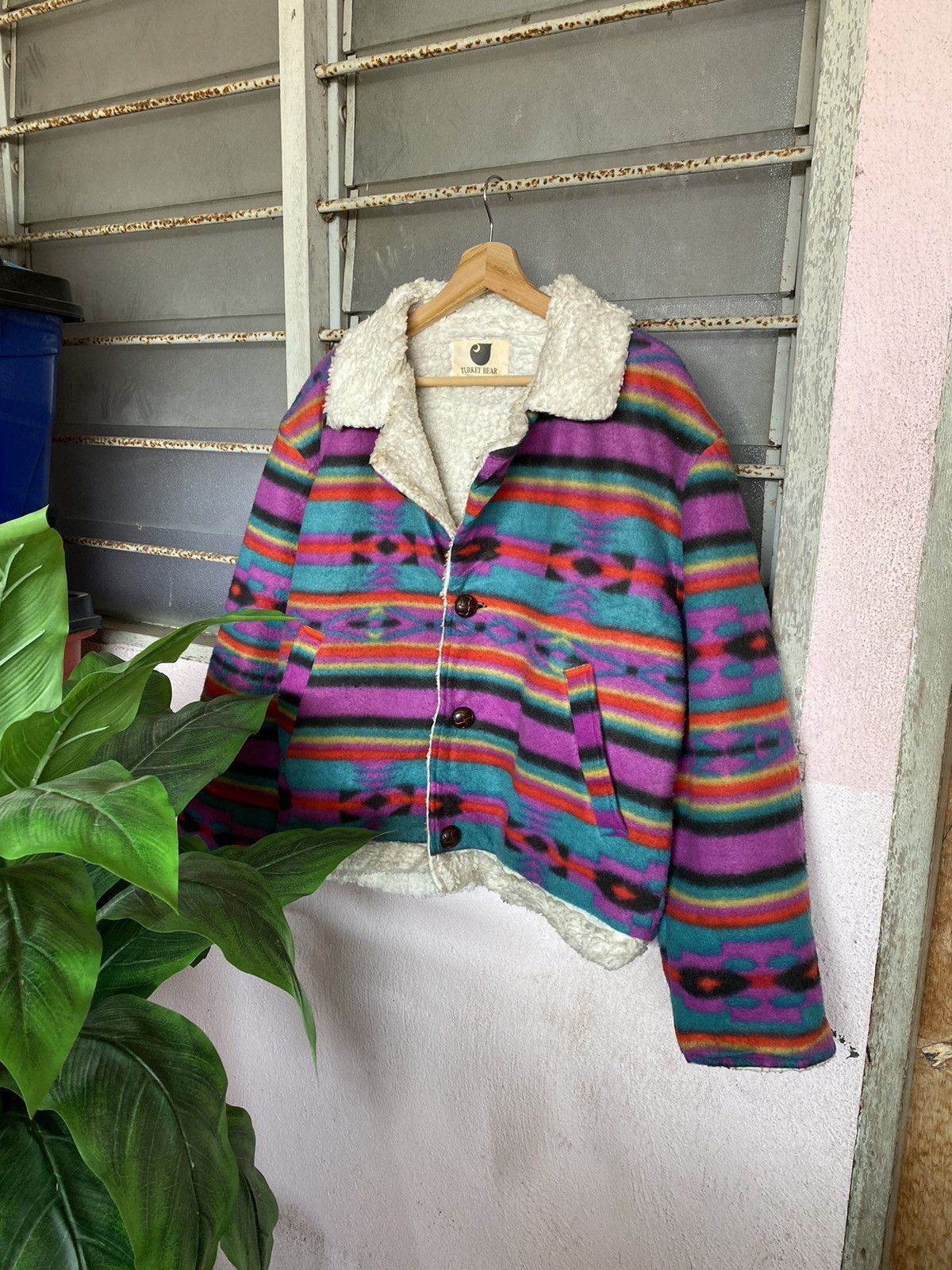 image of Vintage Turkey Bear Rainbow Sherpa Jacket, Men's (Size Large)