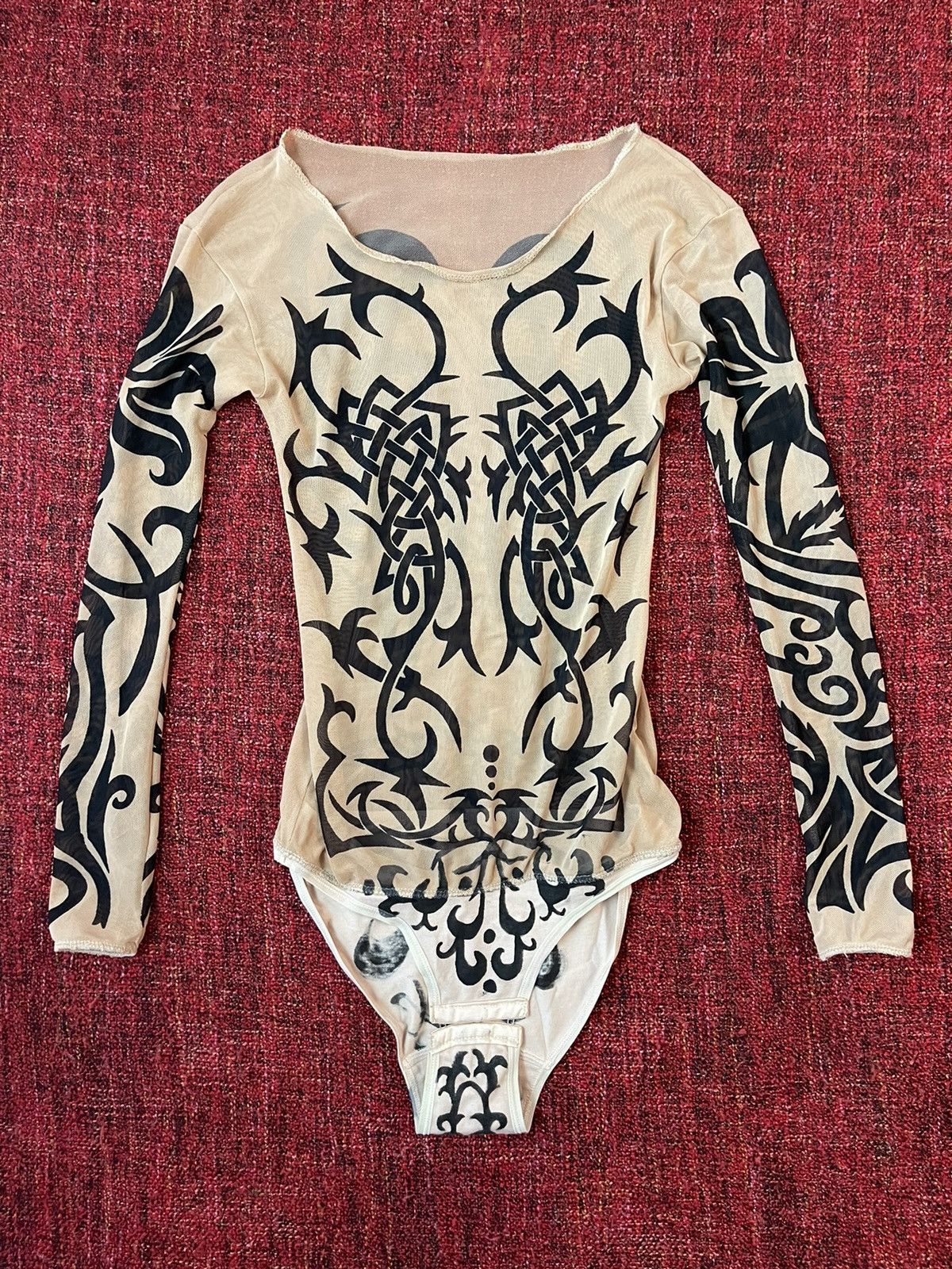Japanese Brand × Vintage Vintage 90s tribal tattoo mesh longsleeve bodysuit Size S / US 4 / IT 40 - 1 Thumbnail