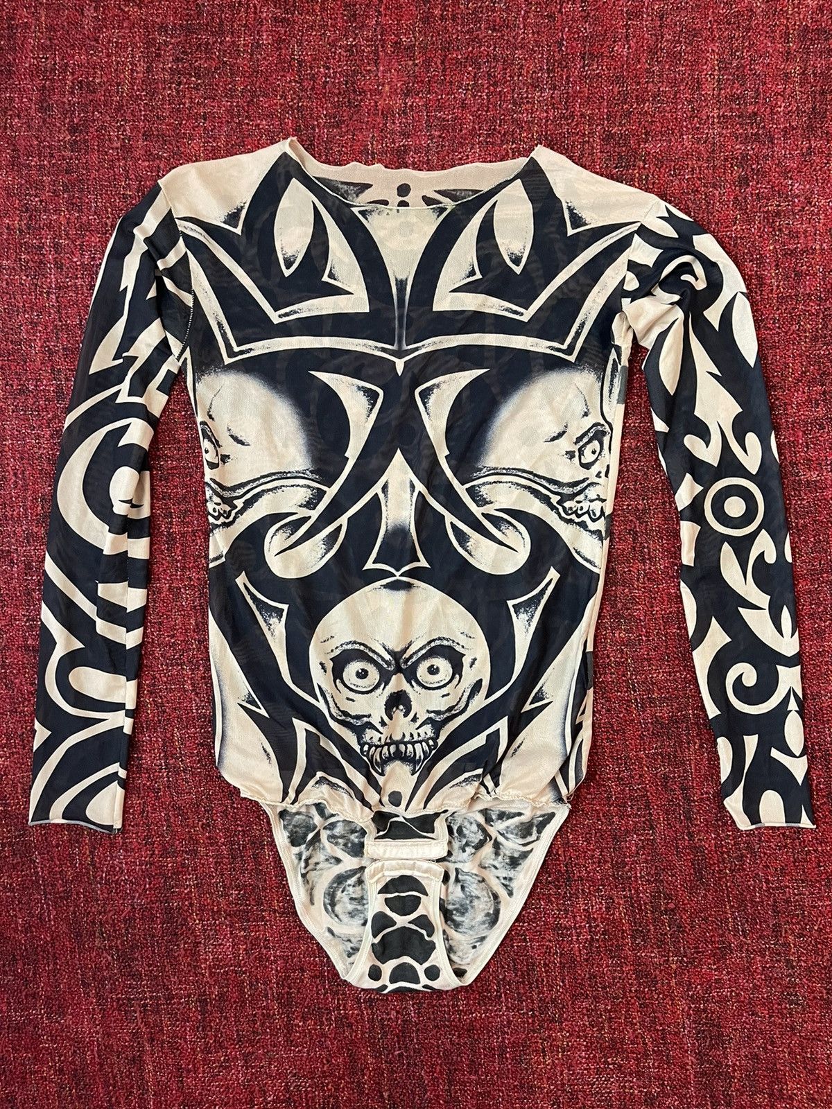 Japanese Brand × Vintage Vintage 90s JPG style mesh tribal tattoo longsleeve bodysuit Size S / US 4 / IT 40 - 1 Thumbnail