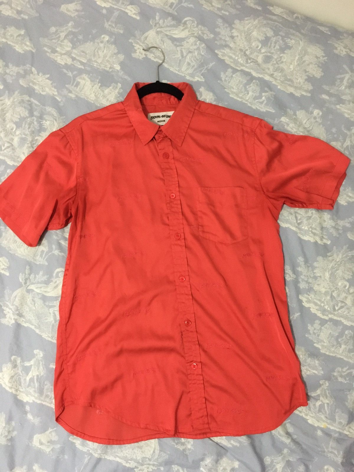 image of Fucking Awesome Satin Logo Print Button Shirt in Red, Men's (Size Medium)