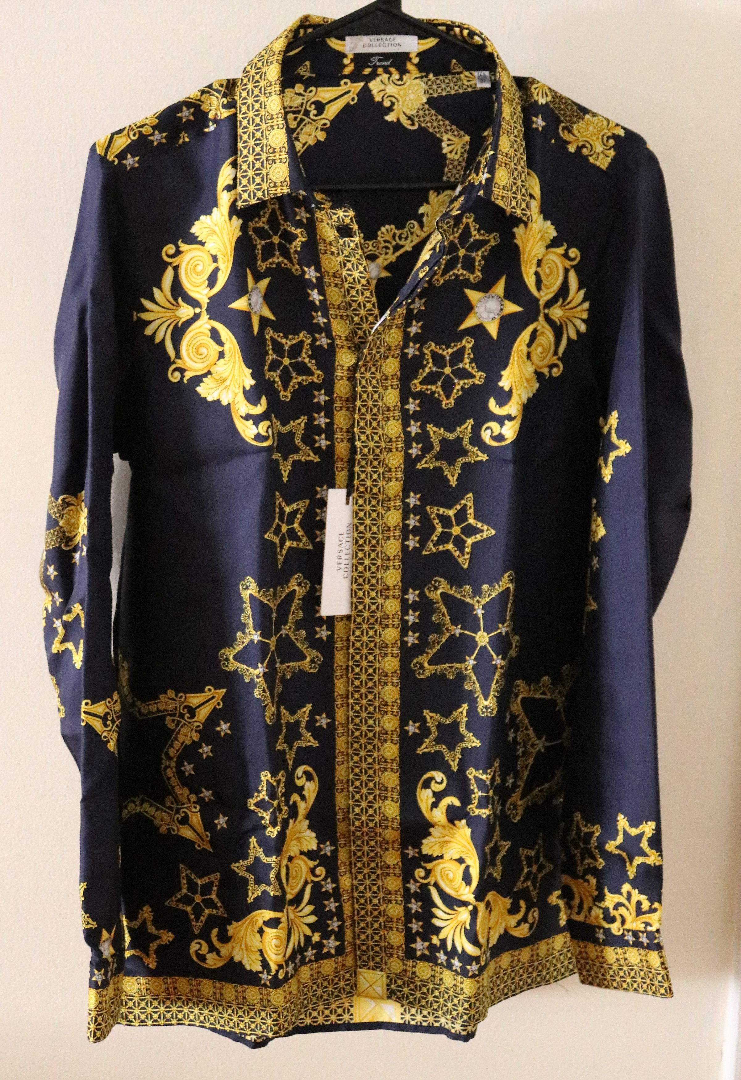 image of Versace Collection Trend Silk Star Baroque Print Shirt in Navy, Men's (Size Small)