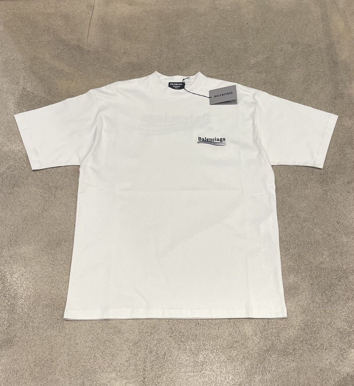 image of Balenciaga Embroidered Political Campaign Logo T-Shirt in Beige, Men's (Size Large)