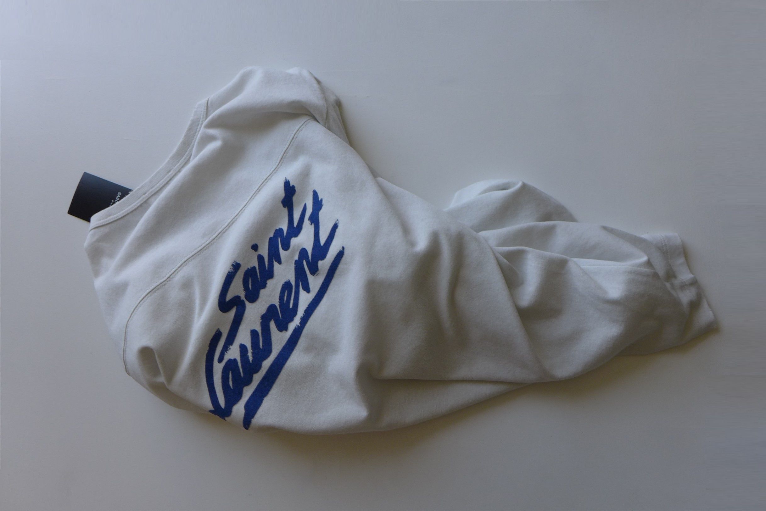 image of Saint Laurent Paris Saint Laurent 50S Signature Print Destroyed T-Shirt in Ecru, Men's (Size 2XL)